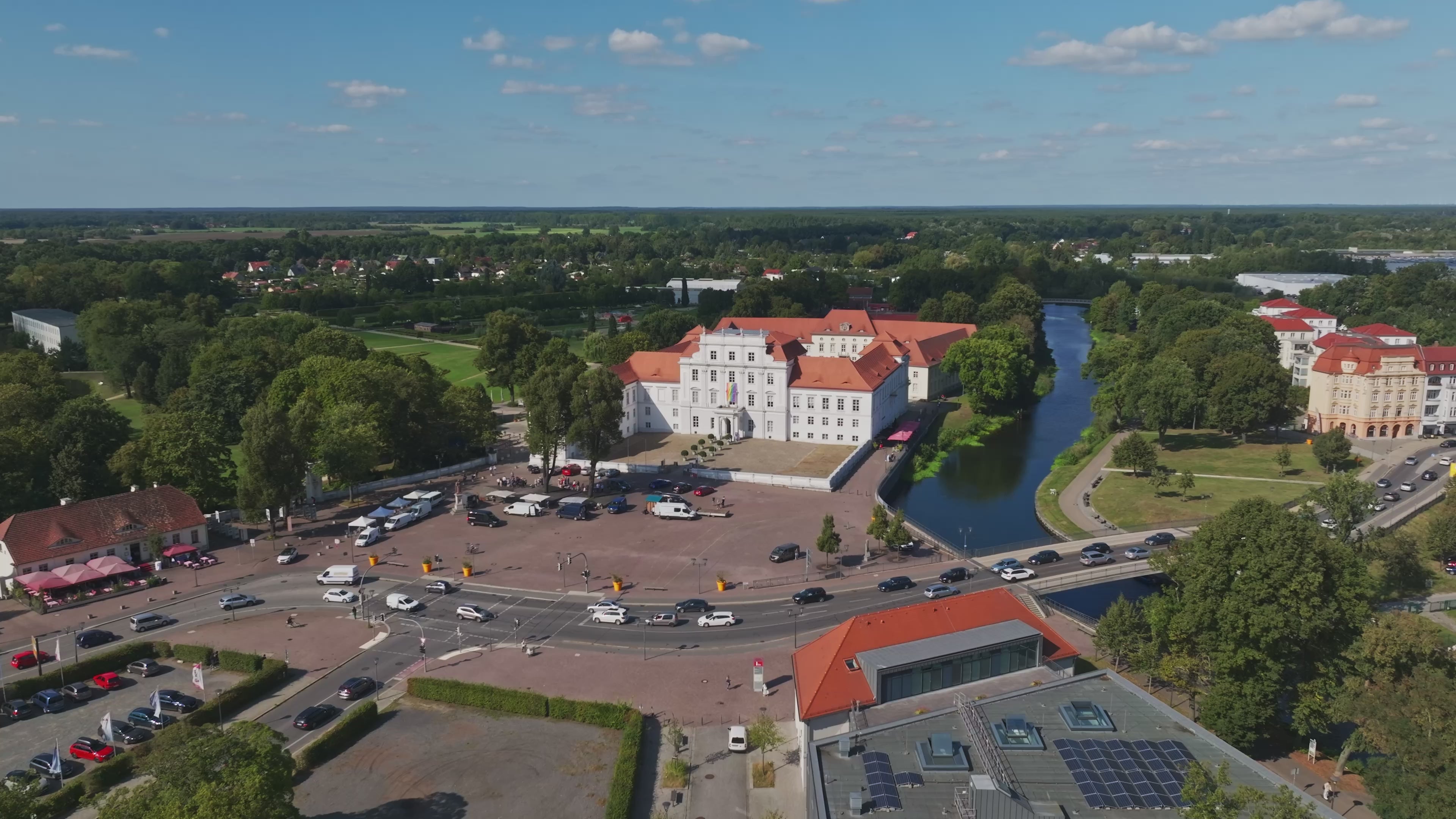 Aerial drone view of Oranienburg Palace in Oranienburg, Brandenburg, Germany.