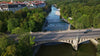 Aerial view of the Maximiliansbrücke, a bridge spanning the River Isar in Munich.