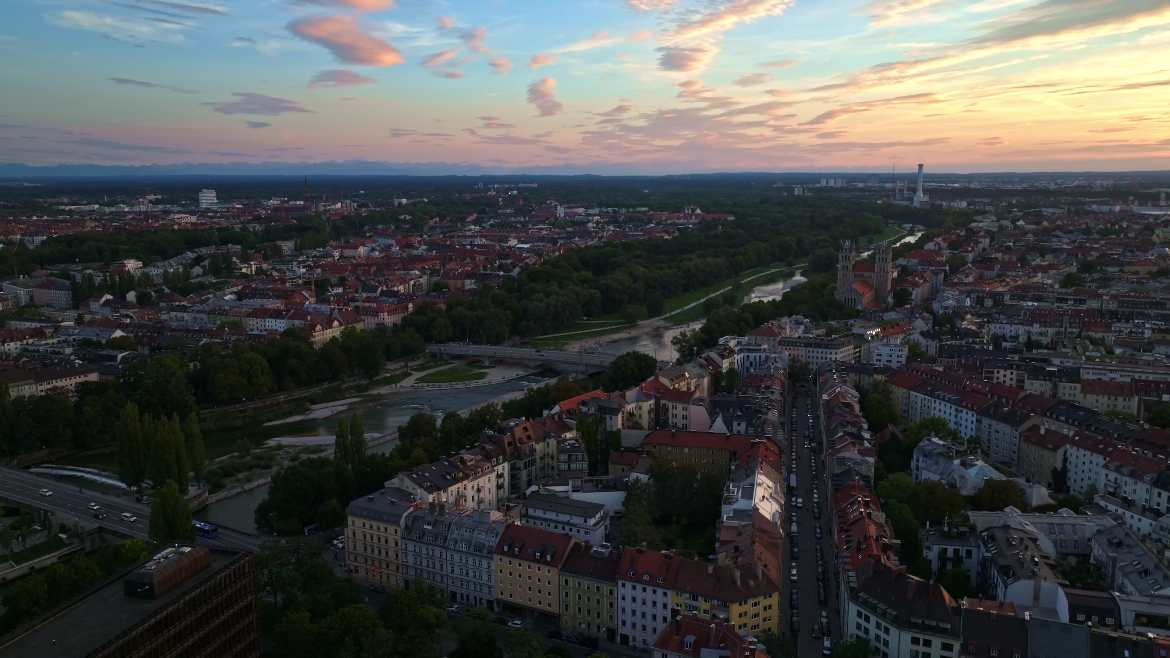 Aerial view of the Isar River flowing through Munich, Germany.