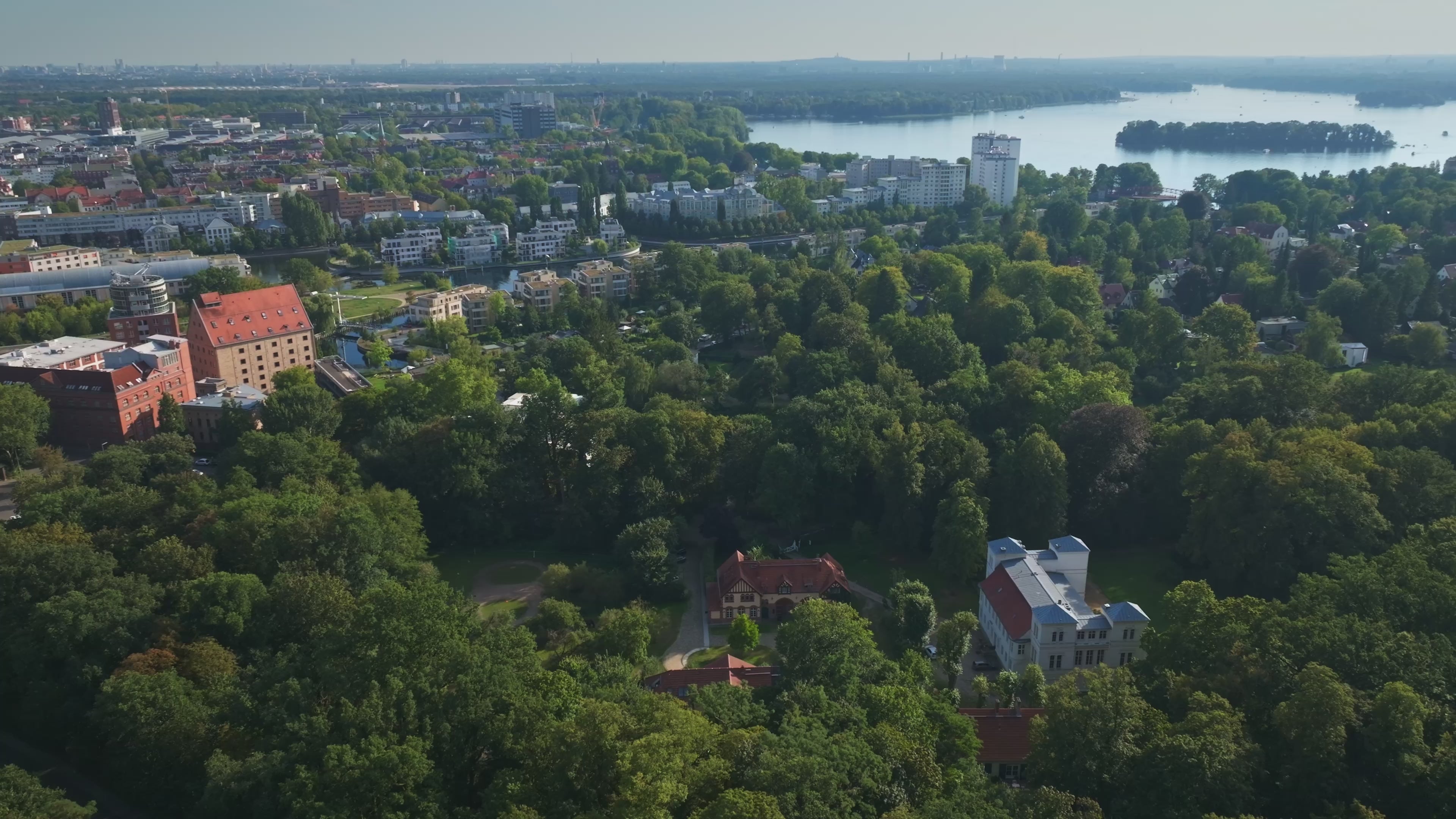 Aerial drone view of Schloss Tegel in Berlin, Germany.