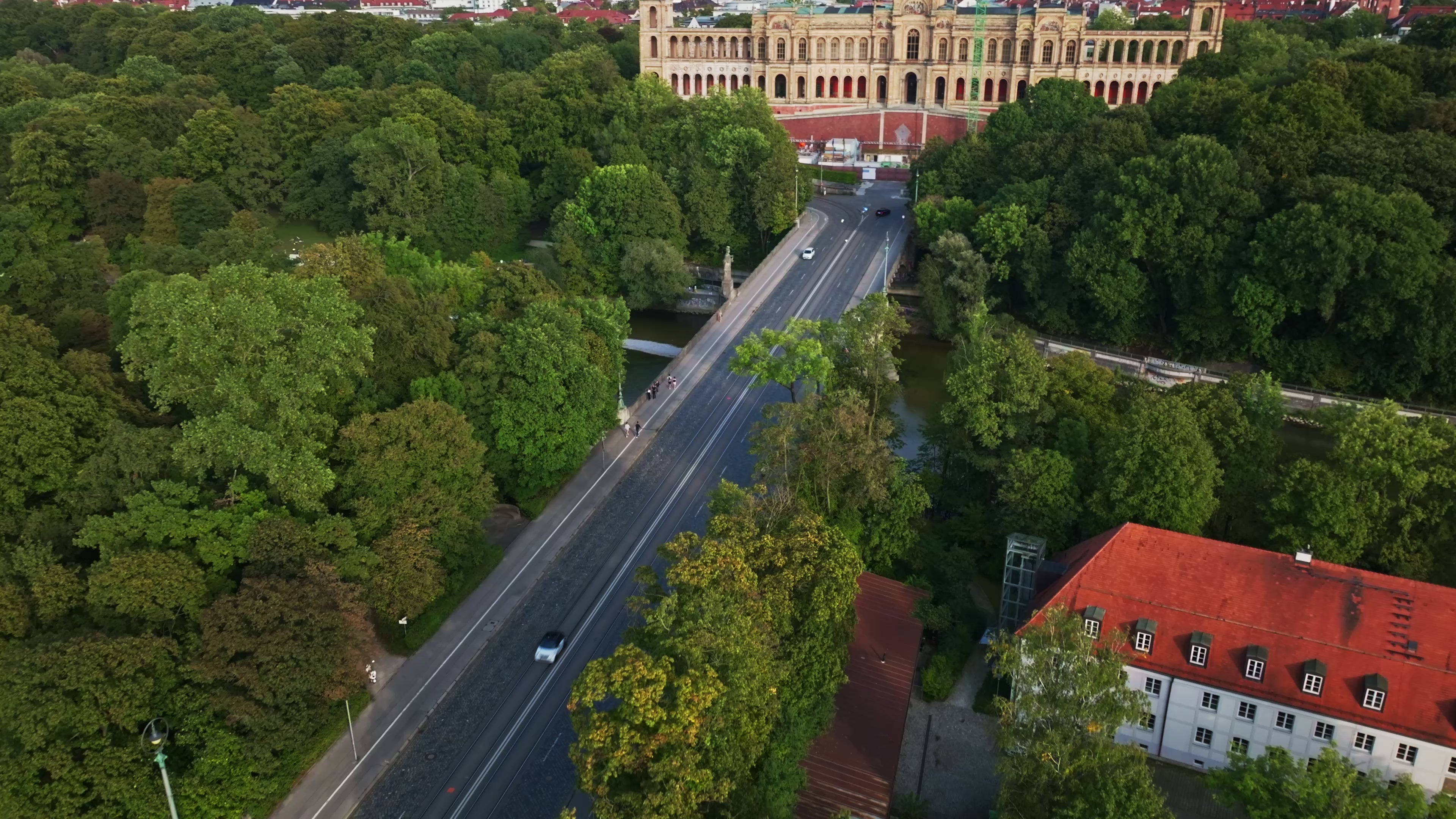 An aerial drone view of the Maximilianeum in Munich , Germany.