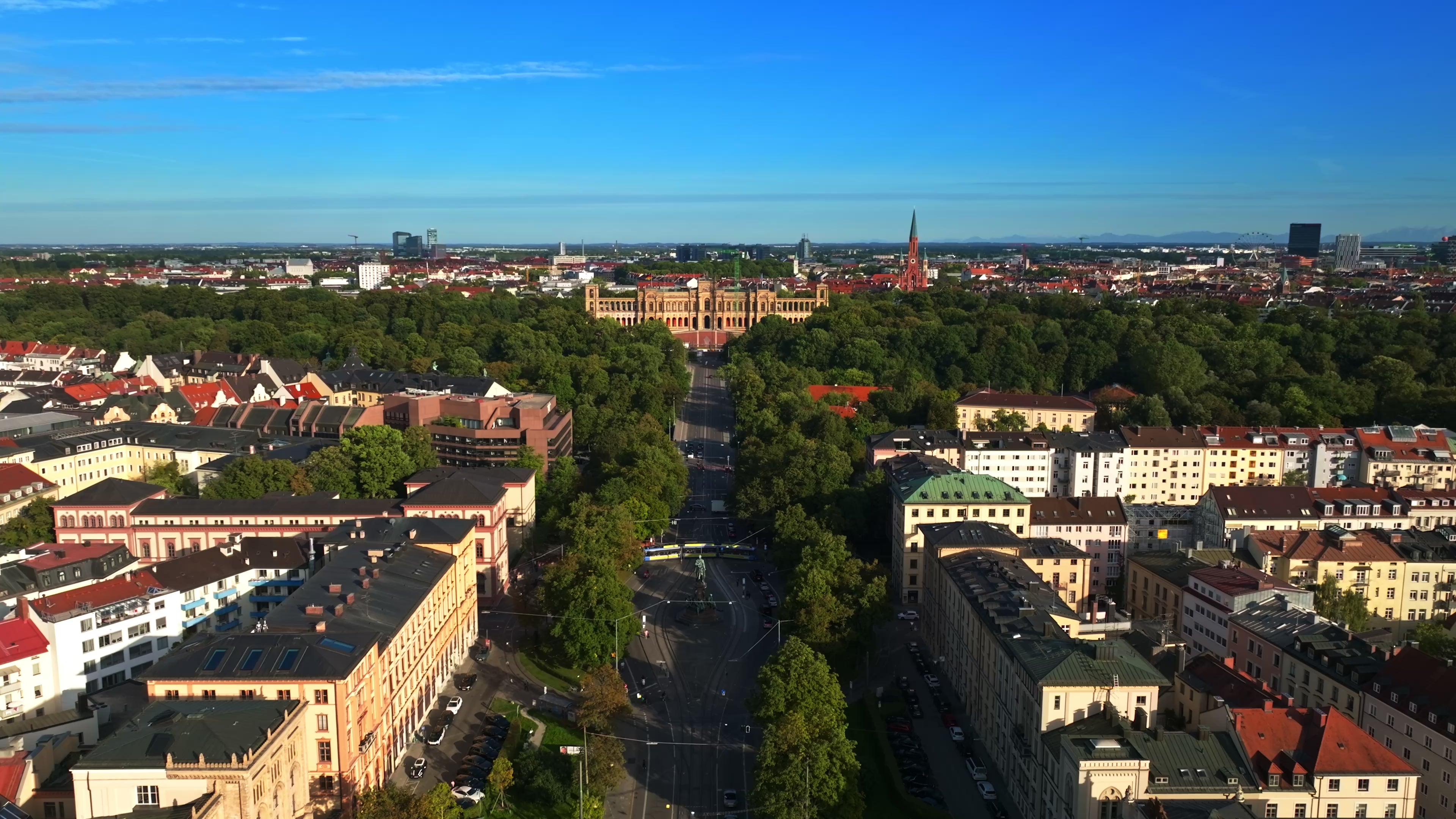 An aerial drone view of the Maximilianeum in Munich , Germany.
