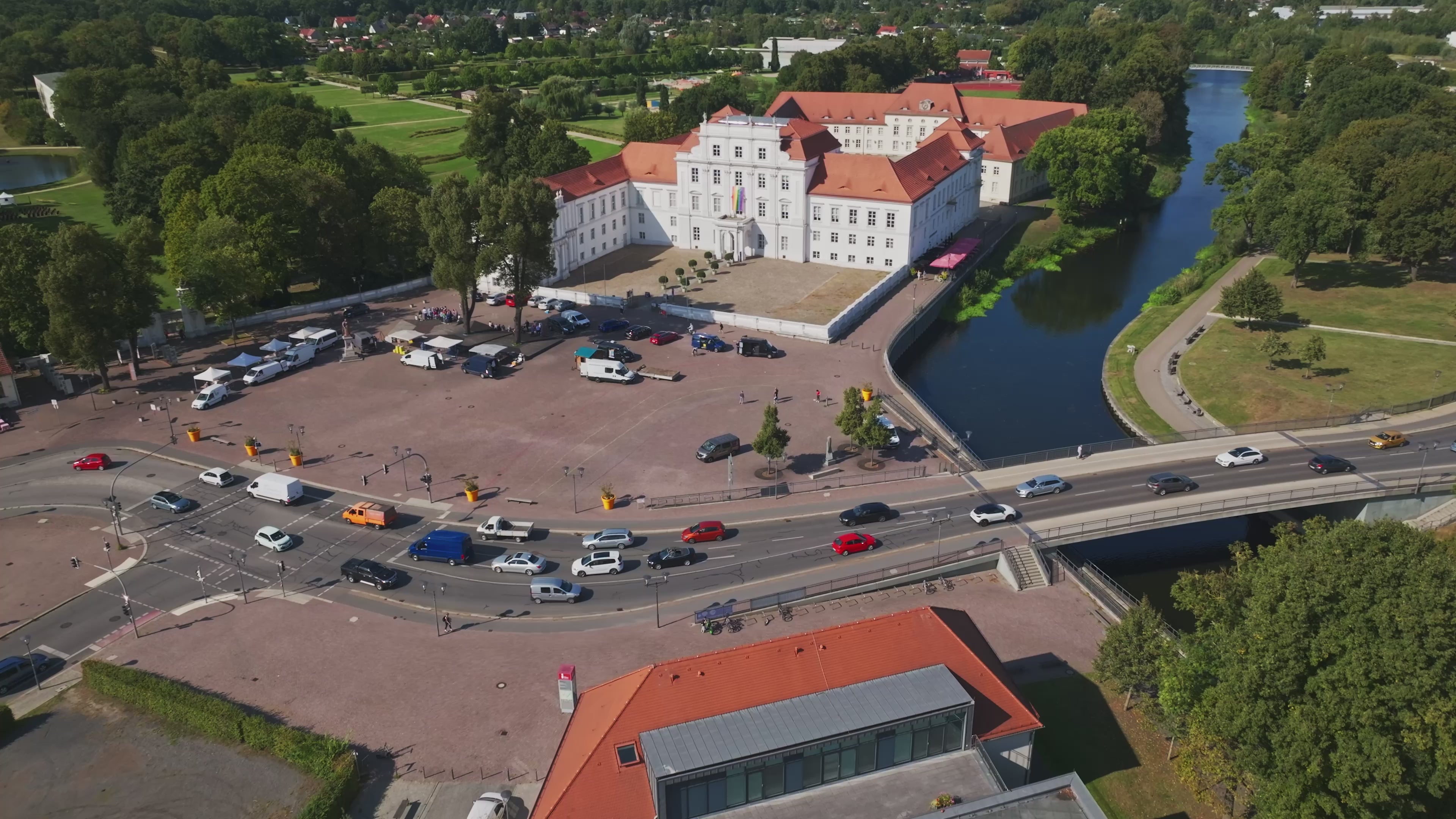 Aerial drone view of Oranienburg Palace in Oranienburg, Brandenburg, Germany.