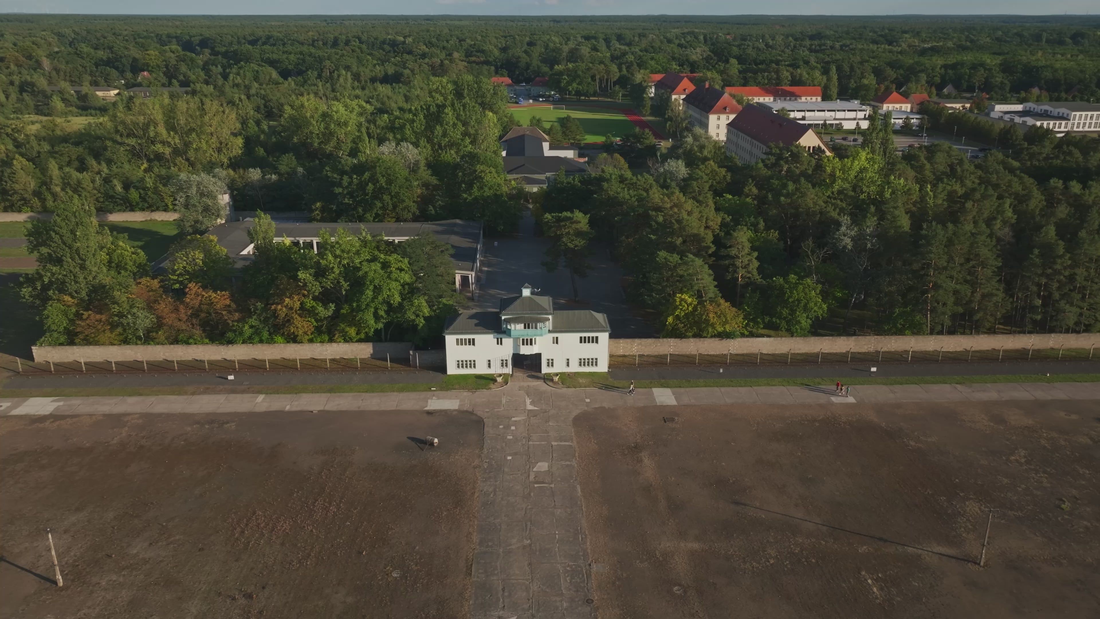 Aerial drone view of Sachsenhausen Memorial and Museum in Oranienburg, Germany.