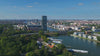 Aerial view of the Spree River with Molecule Man sculpture in Berlin, Germany.