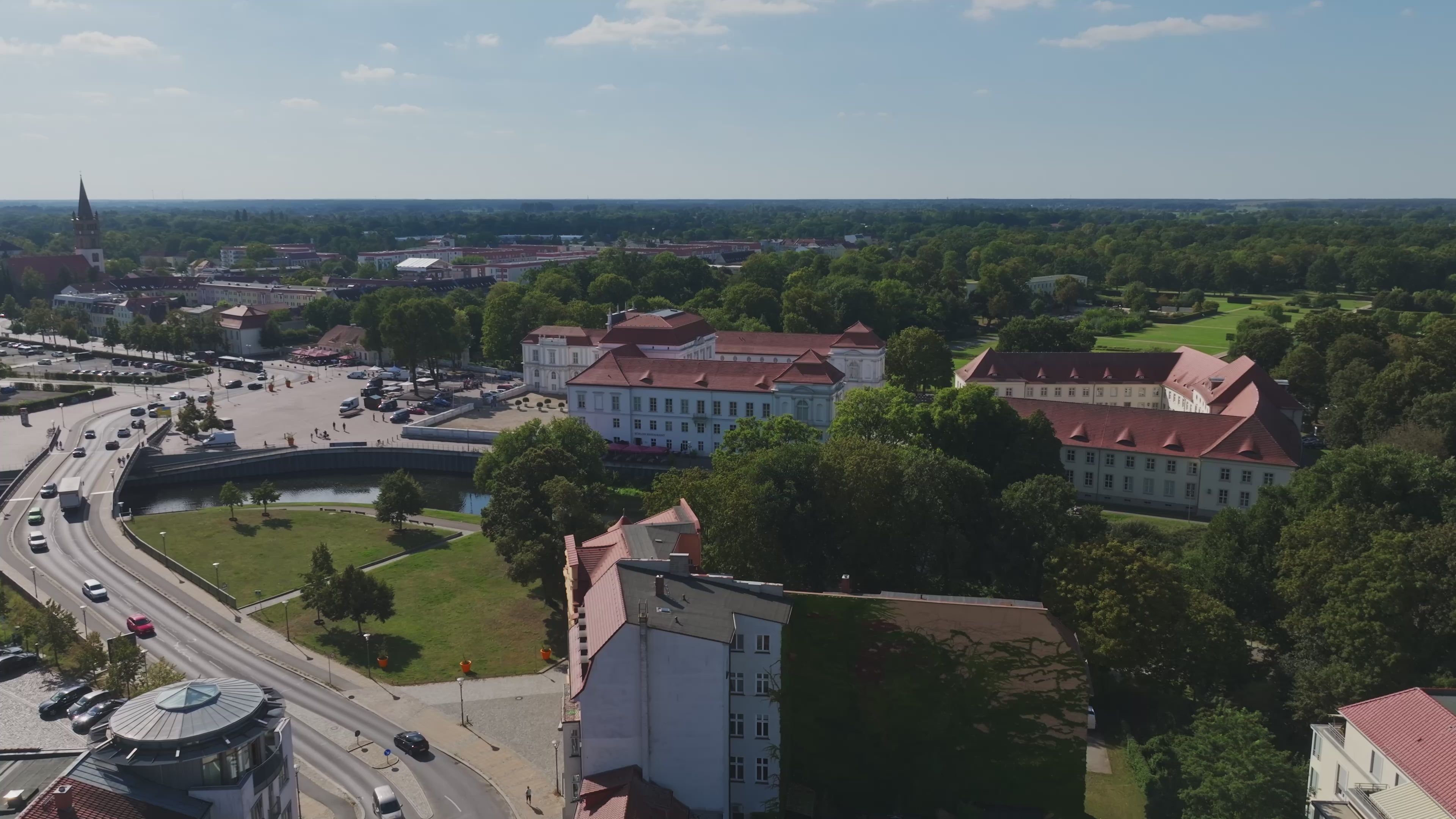 Aerial drone view of Oranienburg Palace in Oranienburg, Brandenburg, Germany.