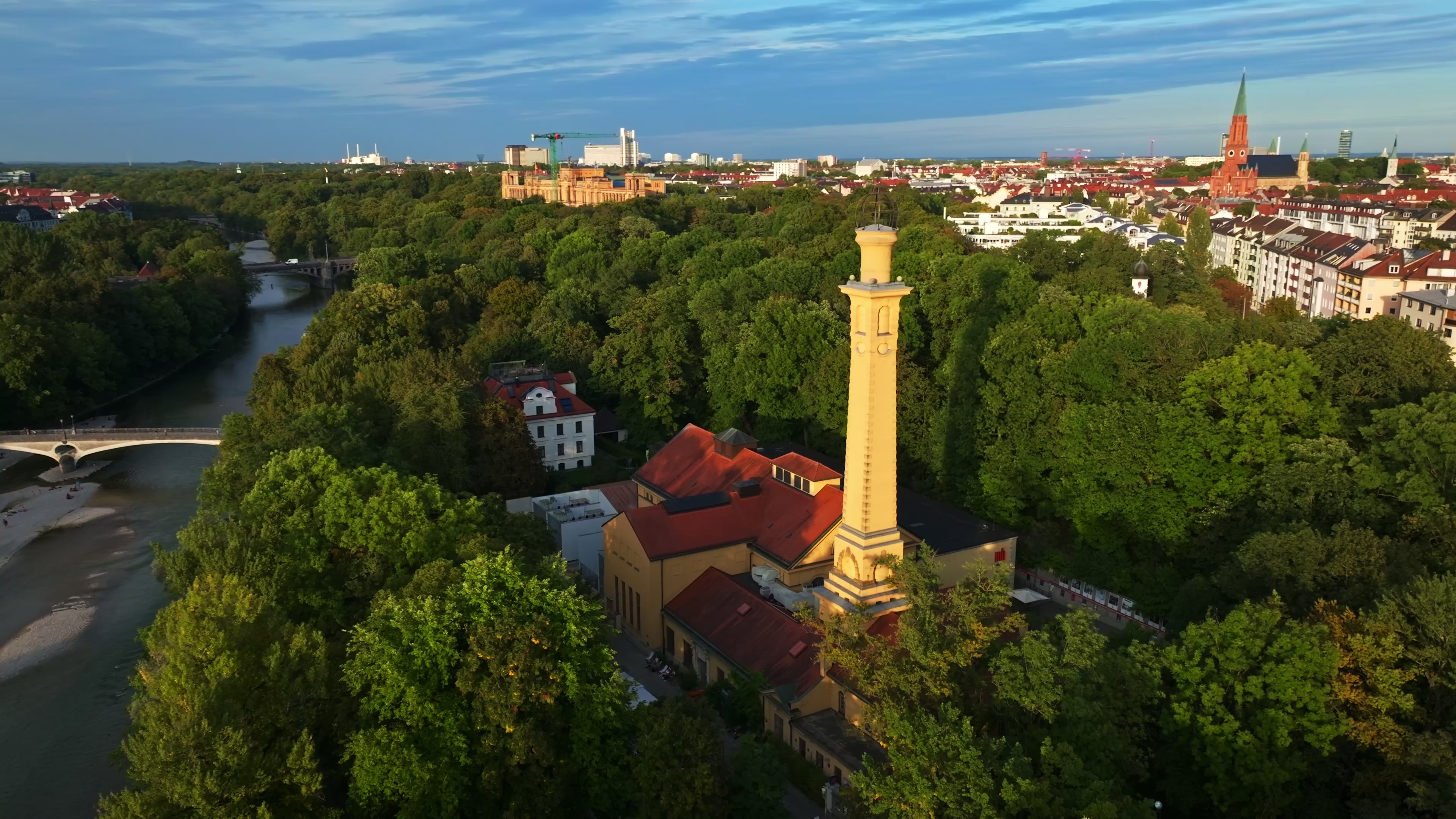 Aerial drone view of Muffatwerk in Munich, Germany.