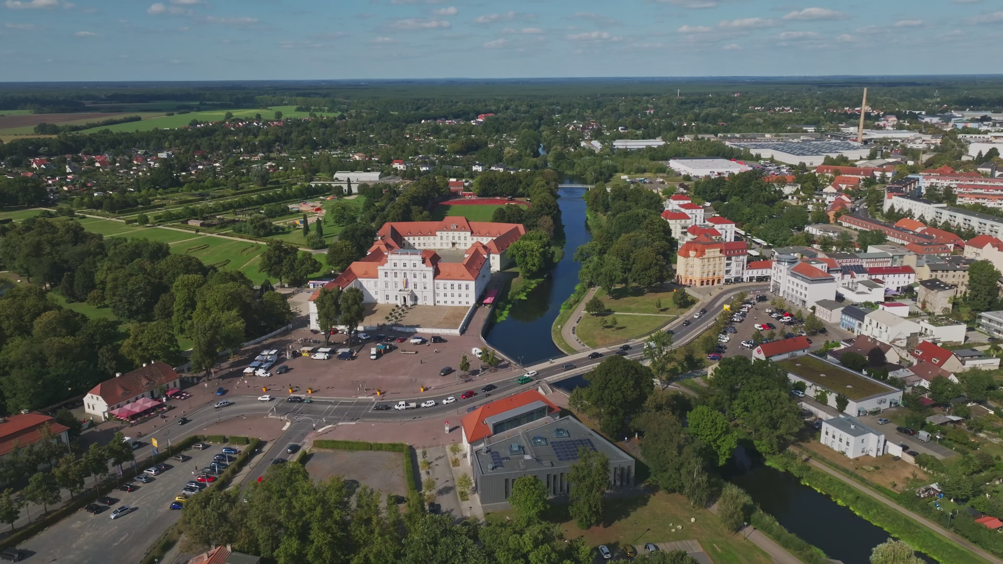 Aerial drone view of Oranienburg Palace in Oranienburg, Brandenburg, Germany.