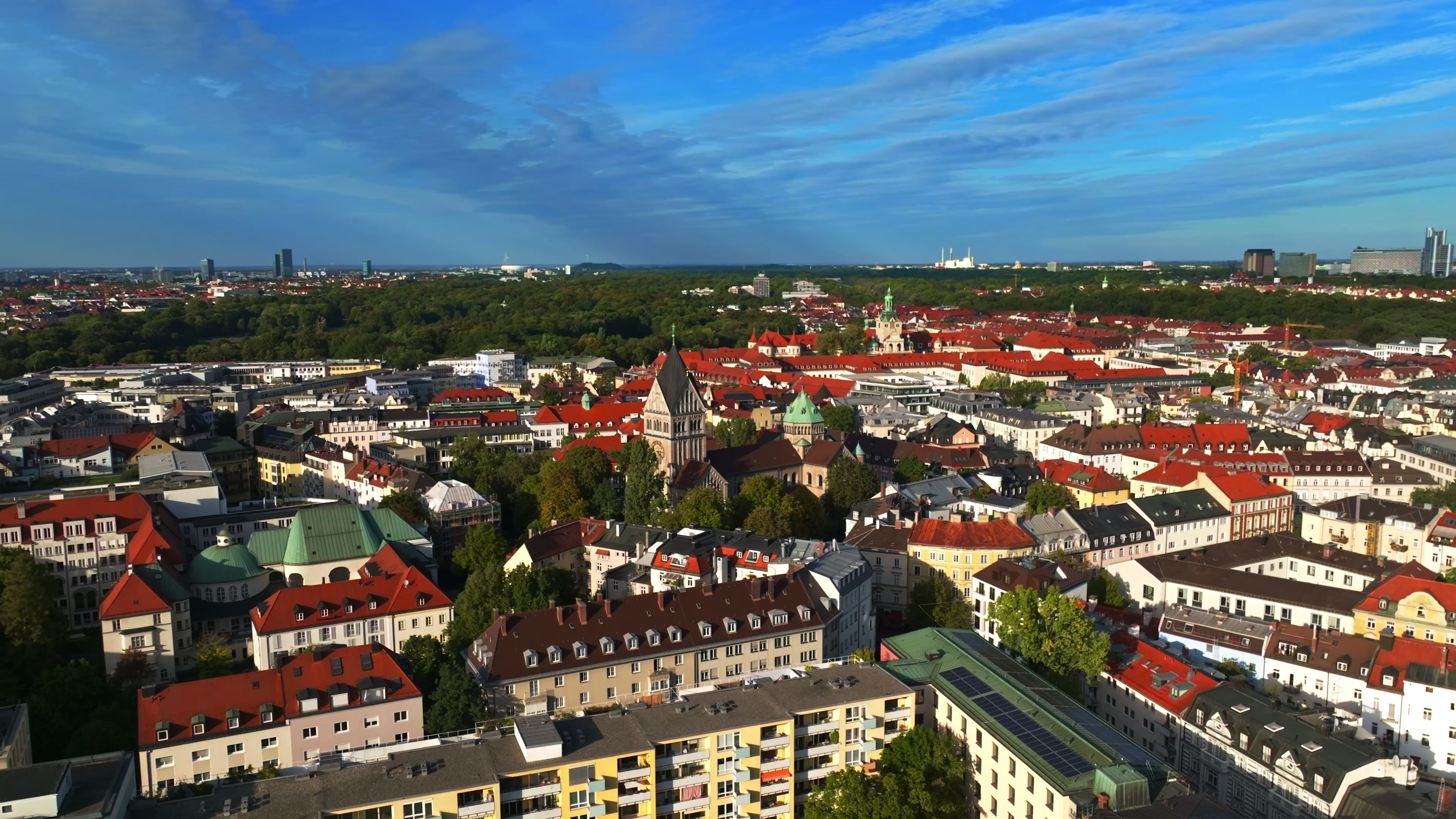 Aerial drone view of Kirche St. Anna in Munich, Germany.