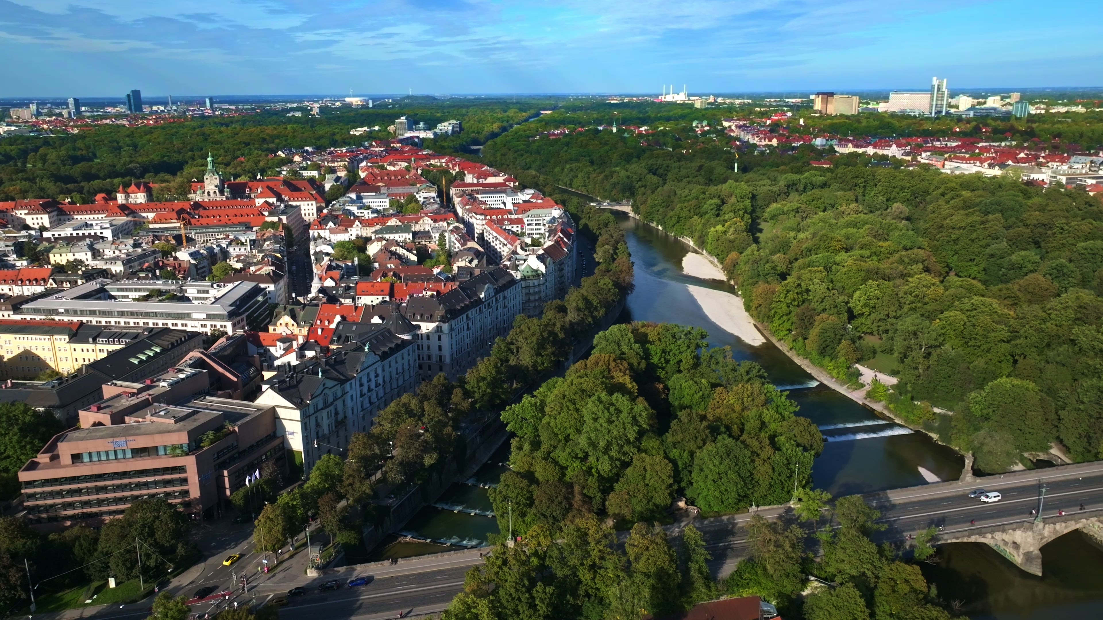 Aerial view of the Isar River flowing through Munich, Germany.