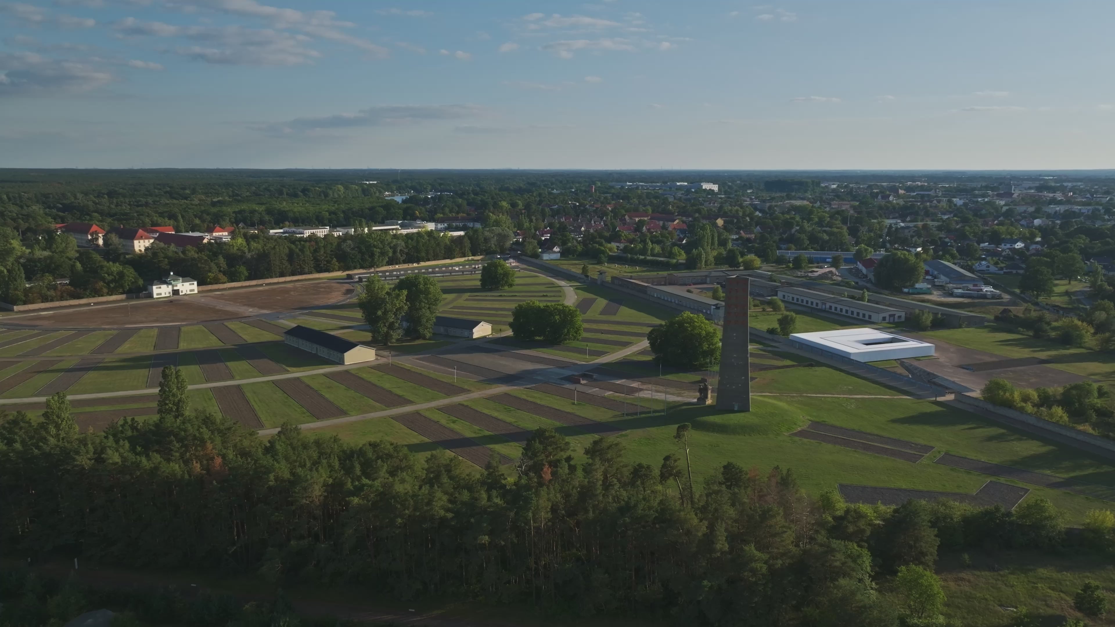 Aerial drone view of Sachsenhausen Memorial and Museum in Oranienburg, Germany.