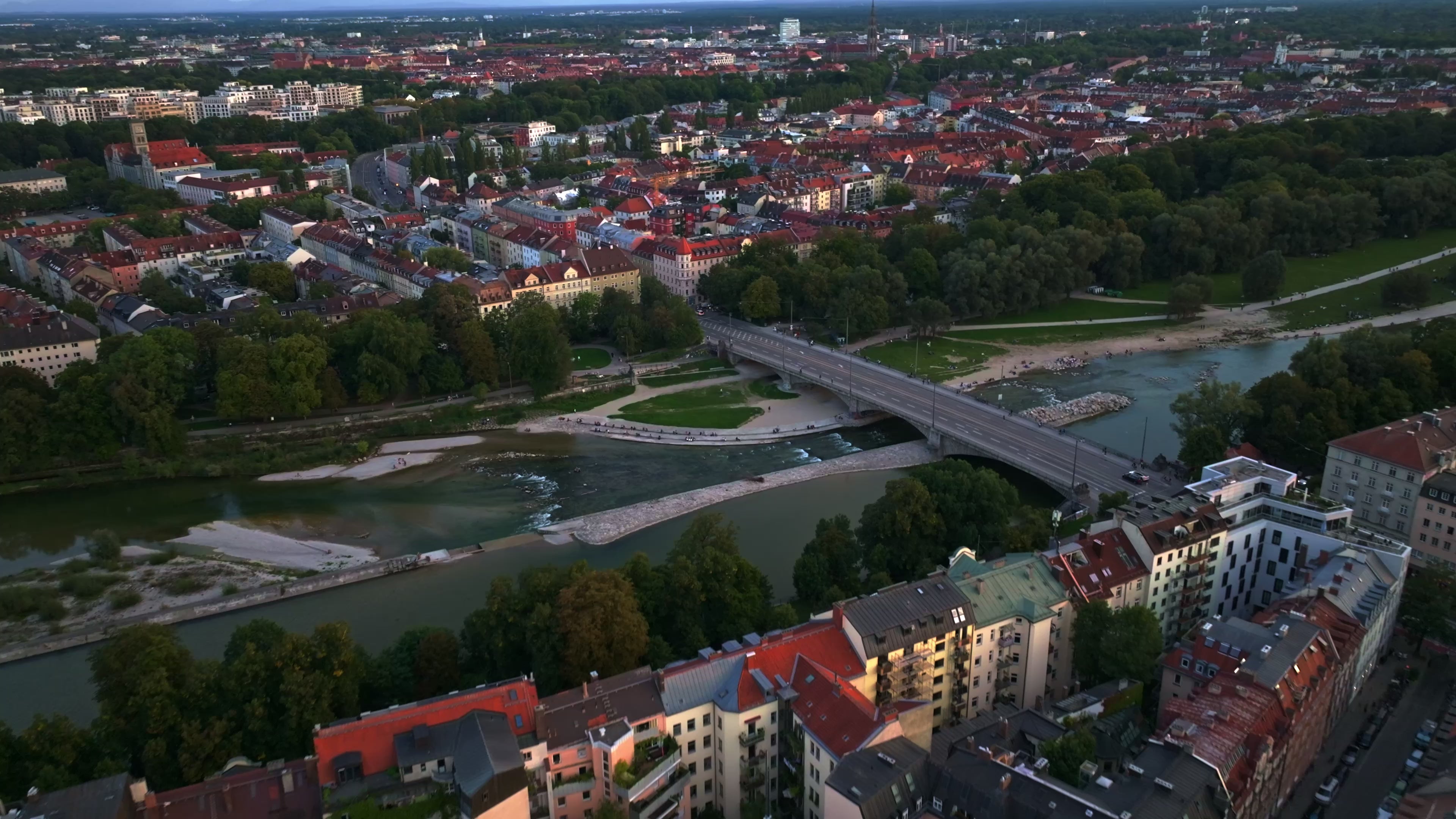 Aerial view of the Isar River flowing through Munich, Germany.