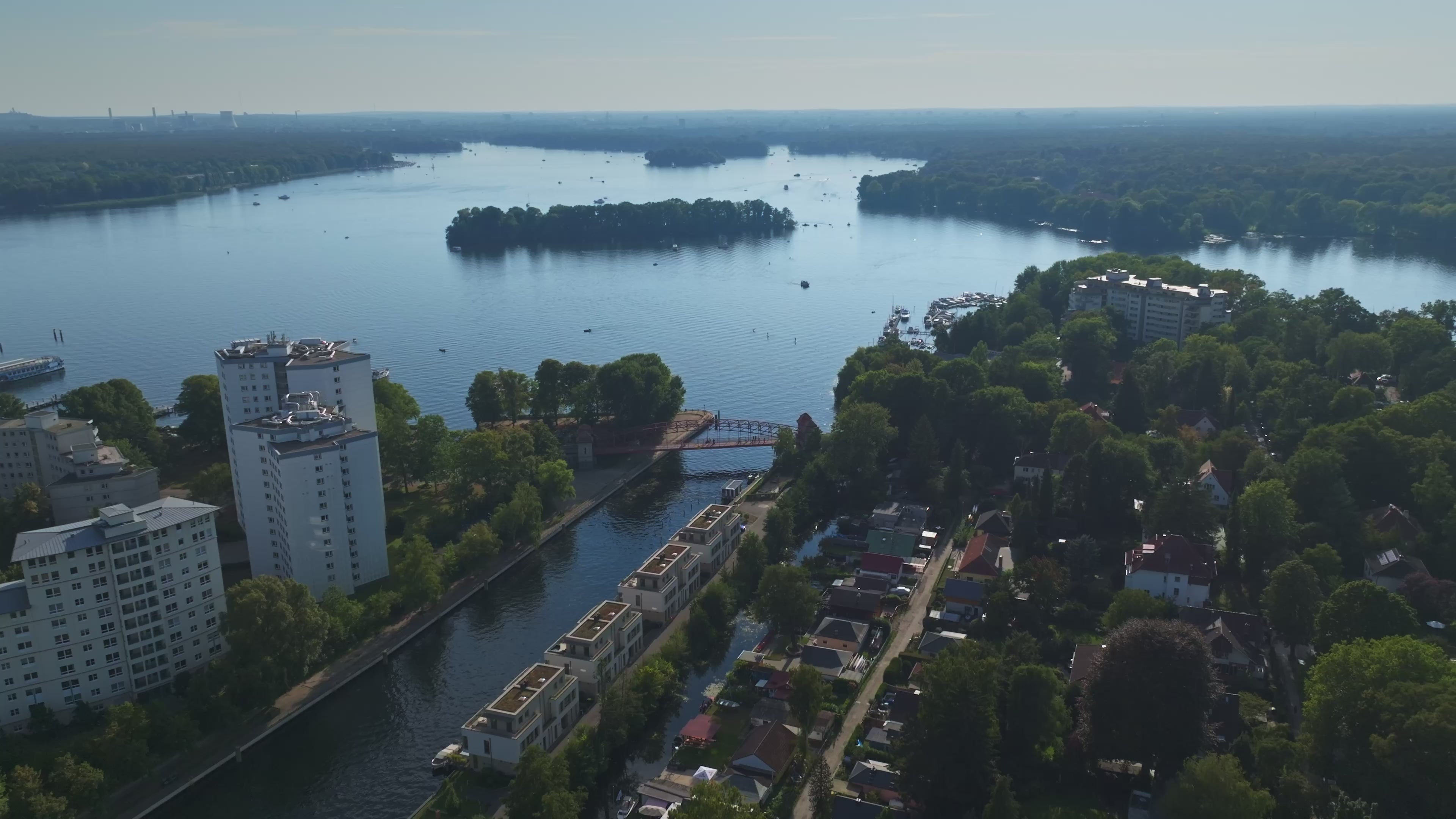 Aerial drone view of Lake Tegel (Tegeler See) in Berlin, Germany.