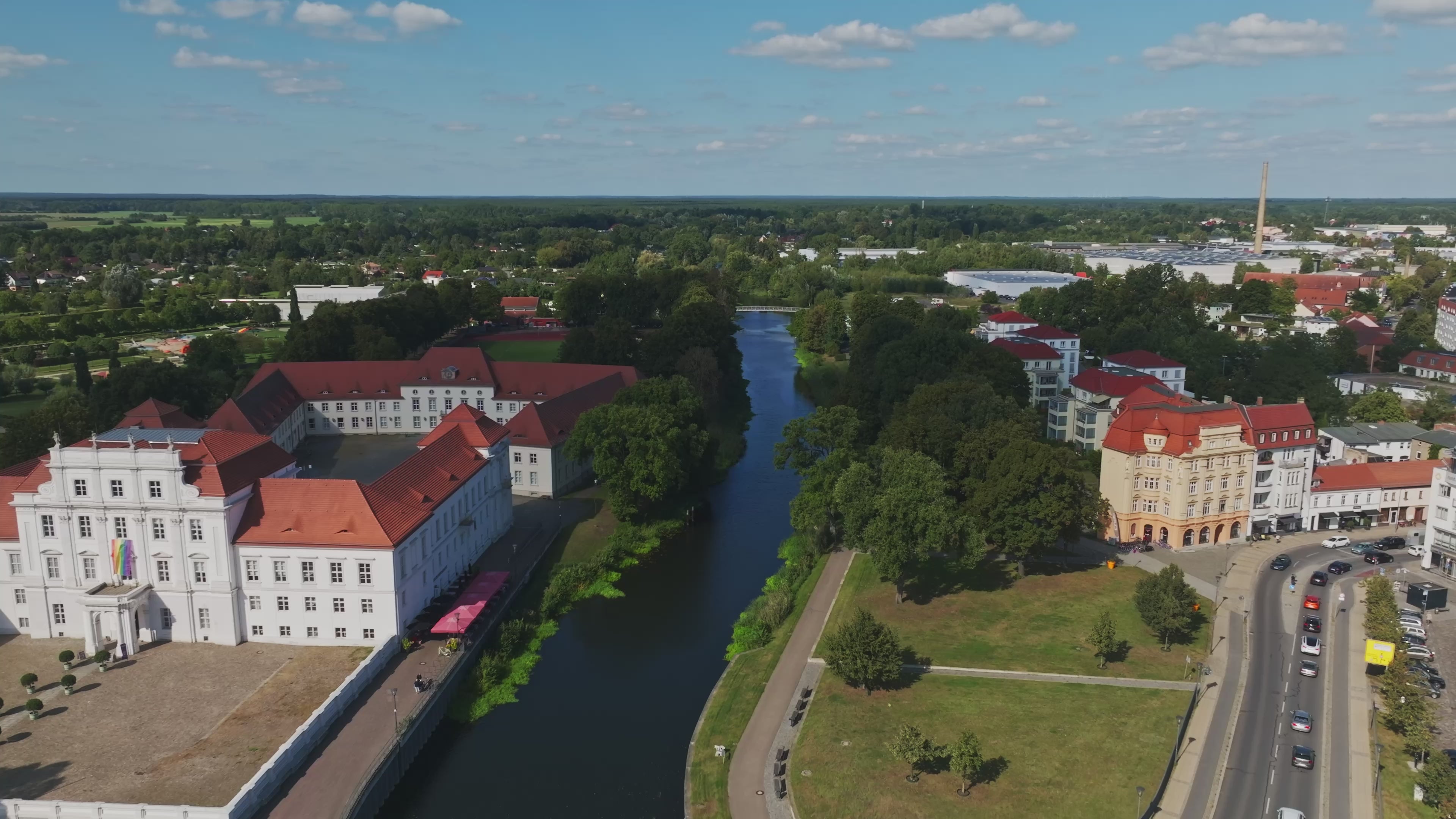 Aerial drone view of Oranienburg Palace in Oranienburg, Brandenburg, Germany.