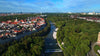 Aerial view of the Isar River flowing through Munich, Germany.