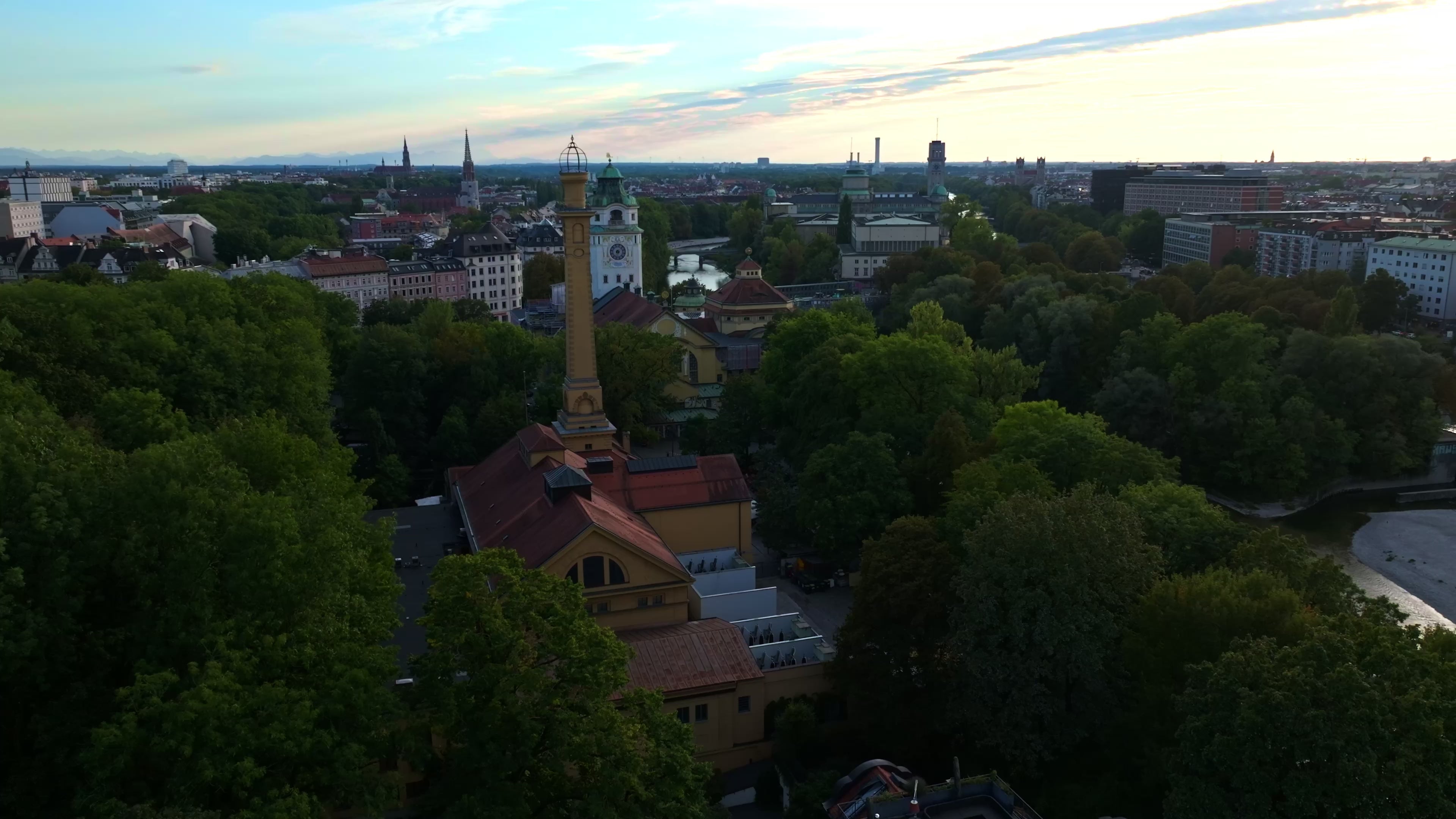 Aerial drone view of Muffatwerk in Munich, Germany.