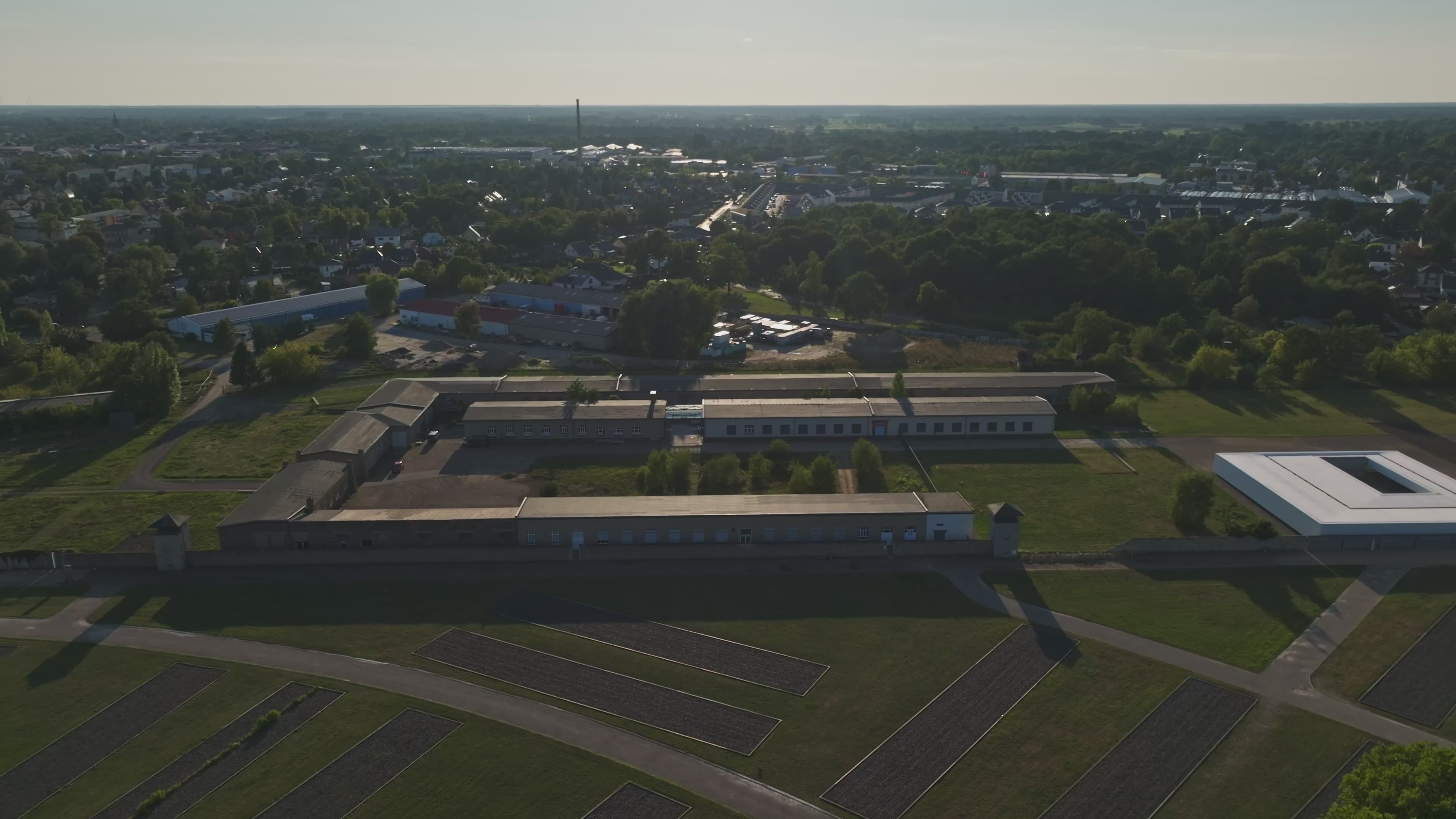 Aerial drone view of Sachsenhausen Memorial and Museum in Oranienburg, Germany.