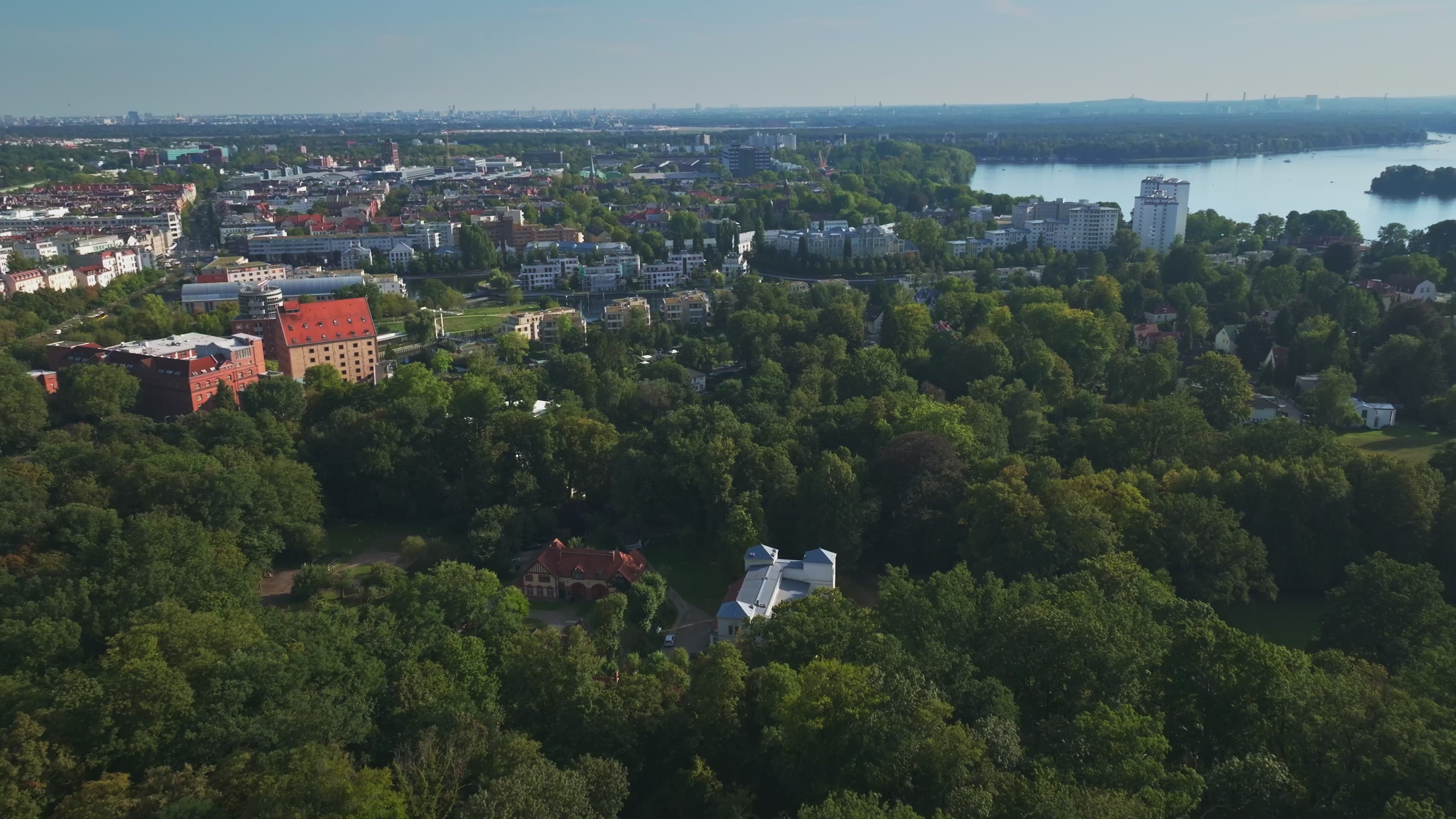 Aerial drone view of Lake Tegel (Tegeler See) in Berlin, Germany.