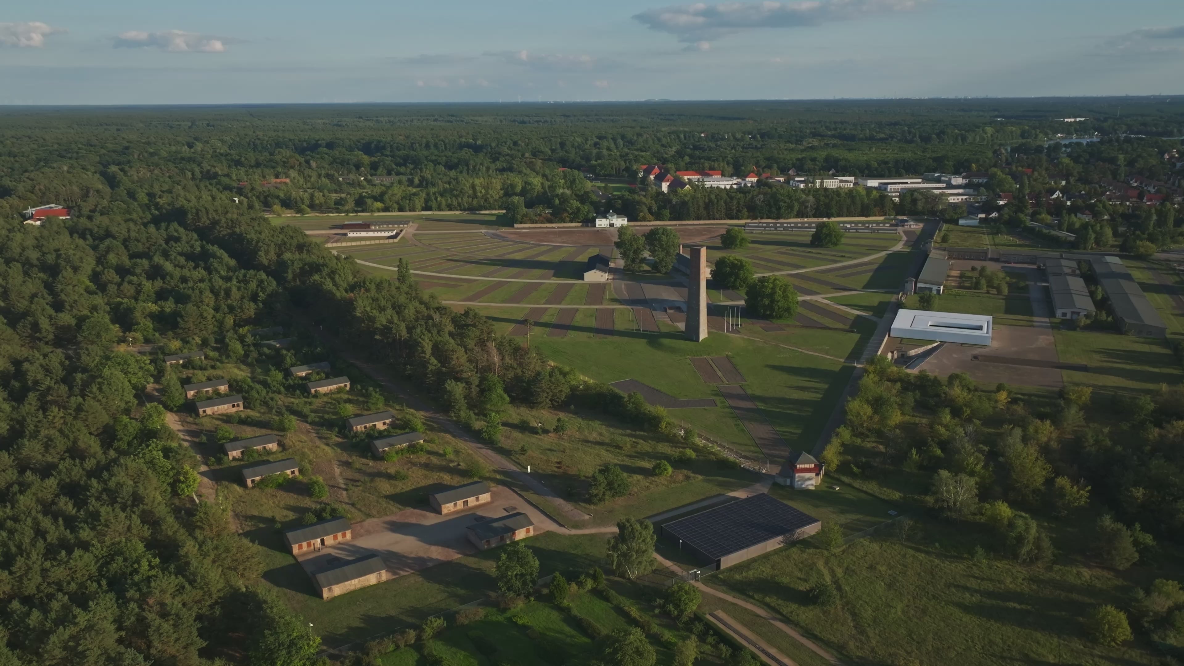 Aerial drone view of Sachsenhausen Memorial and Museum in Oranienburg, Germany.