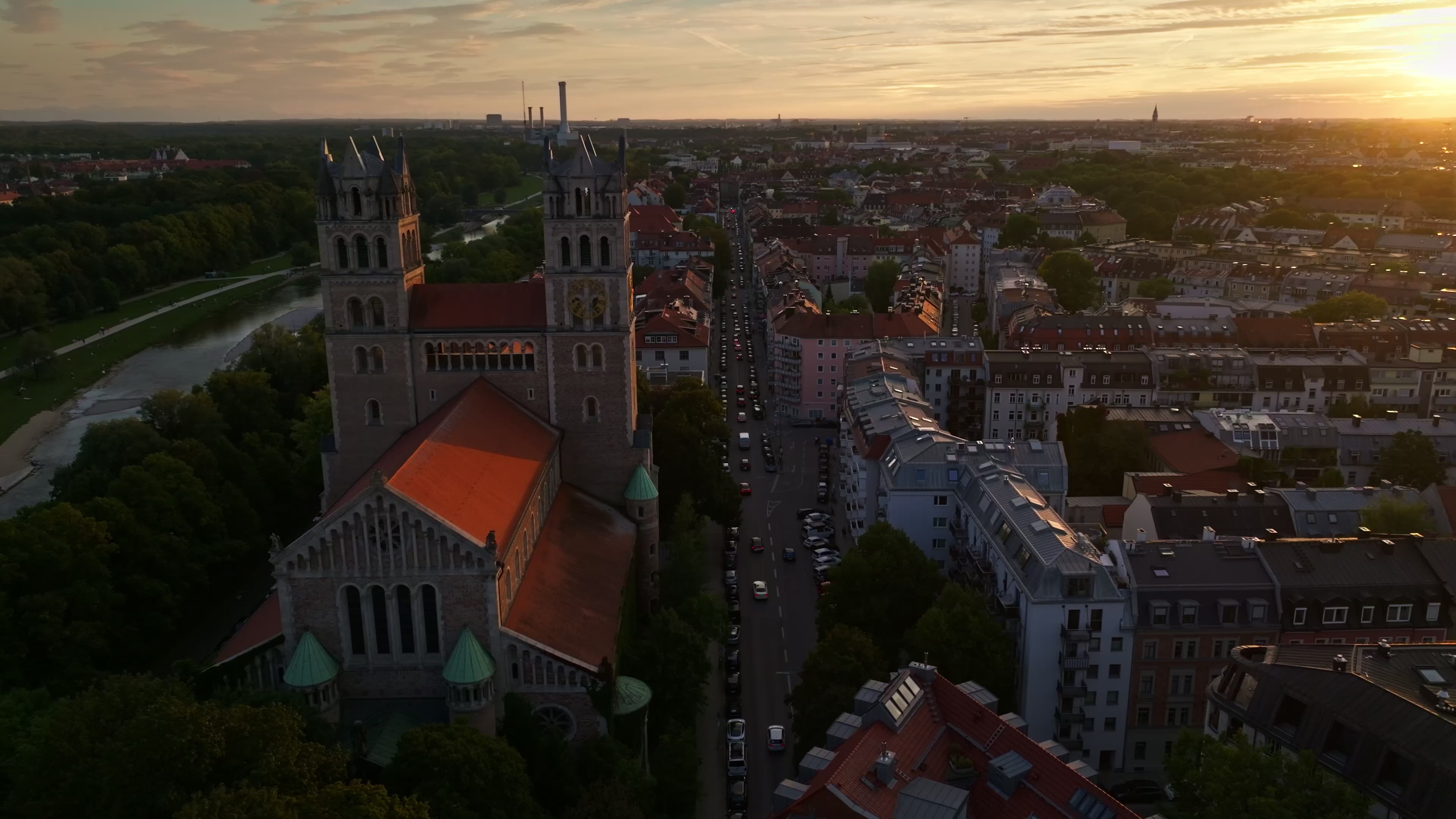 Aerial view of Kath. Pfarramt St. Maximilian in Munich, Germany.