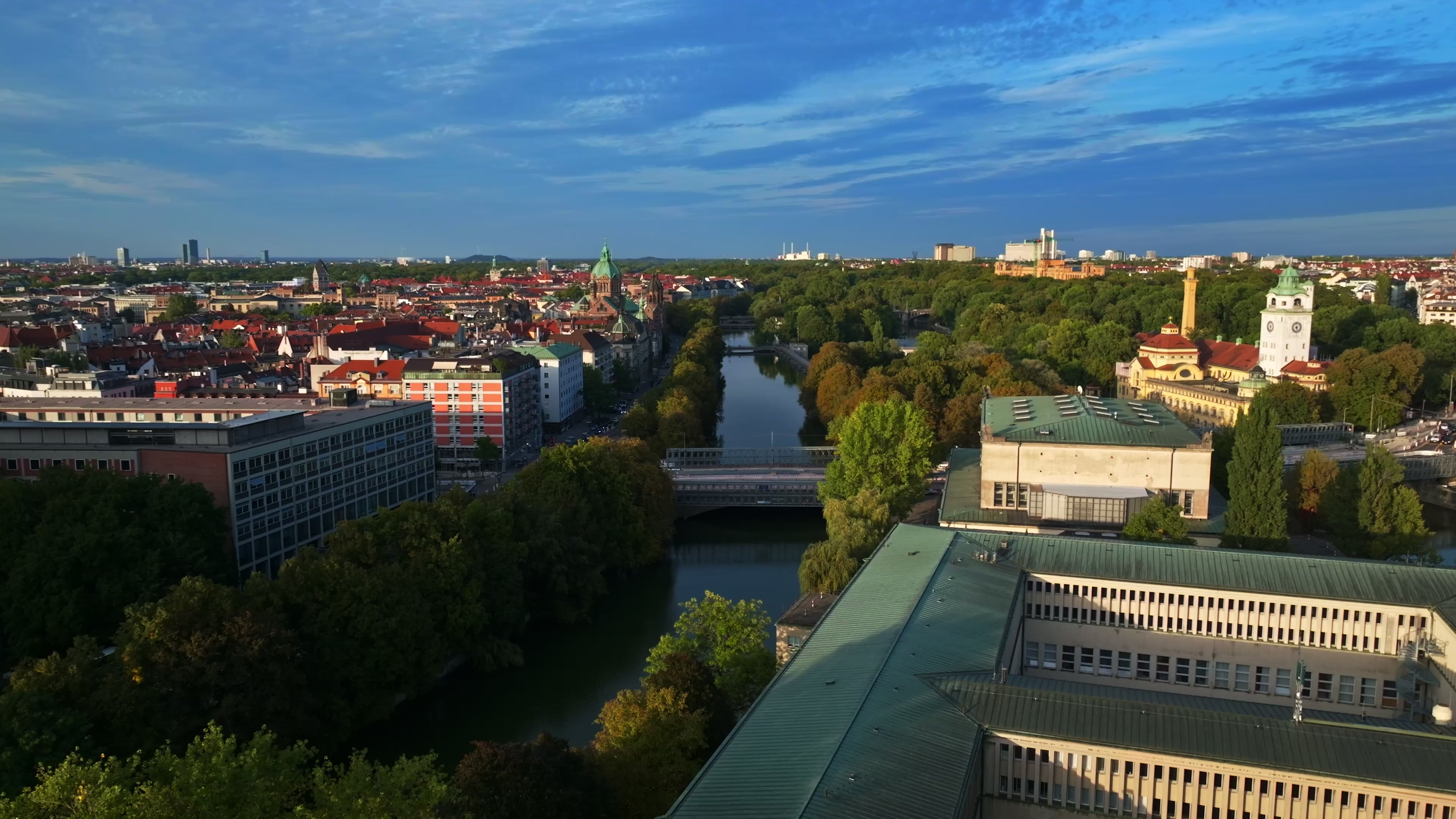 Aerial view of the Isar River flowing through Munich, Germany.