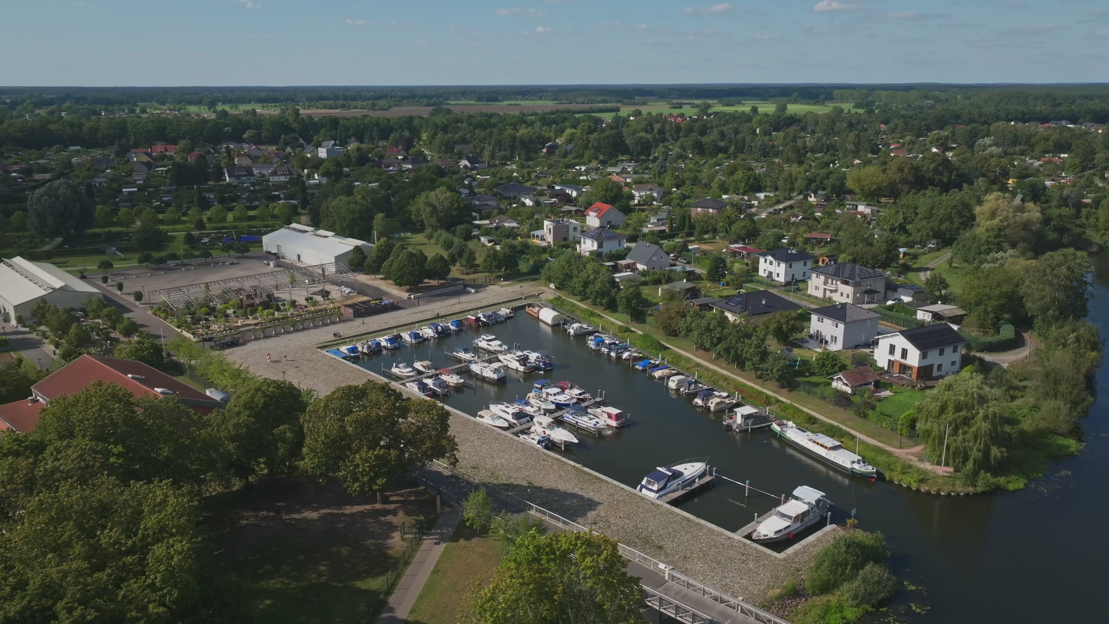 Aerial drone view of Oranienburg Schloßhafen, Germany.