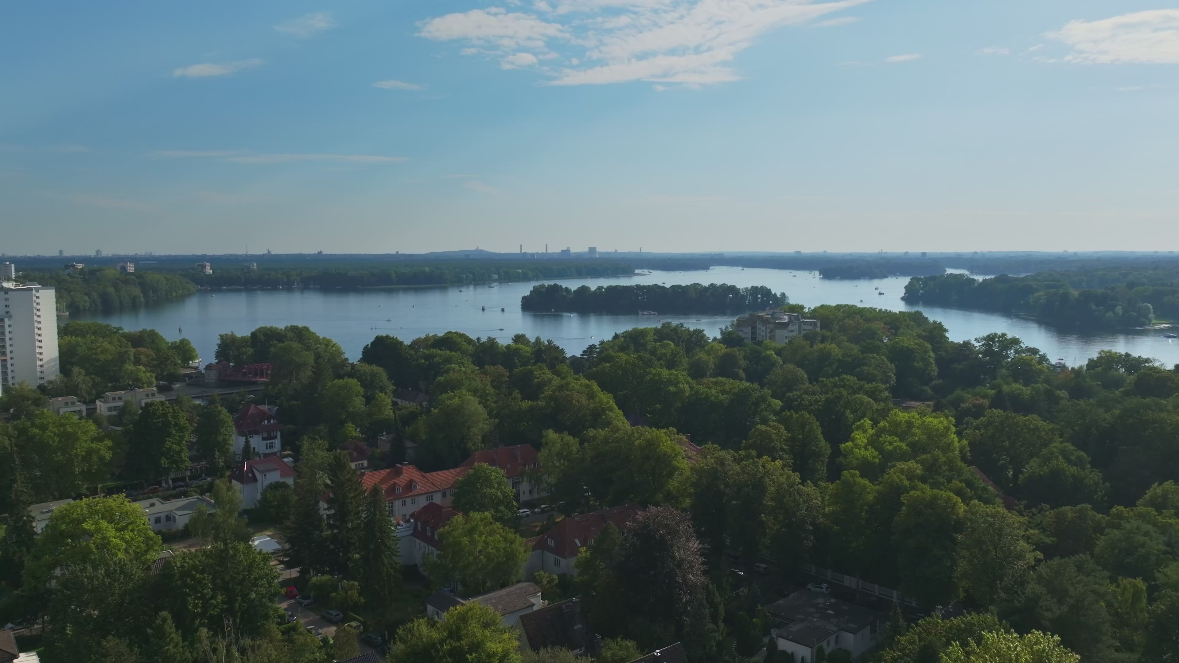 Aerial drone view of Lake Tegel (Tegeler See) in Berlin, Germany.