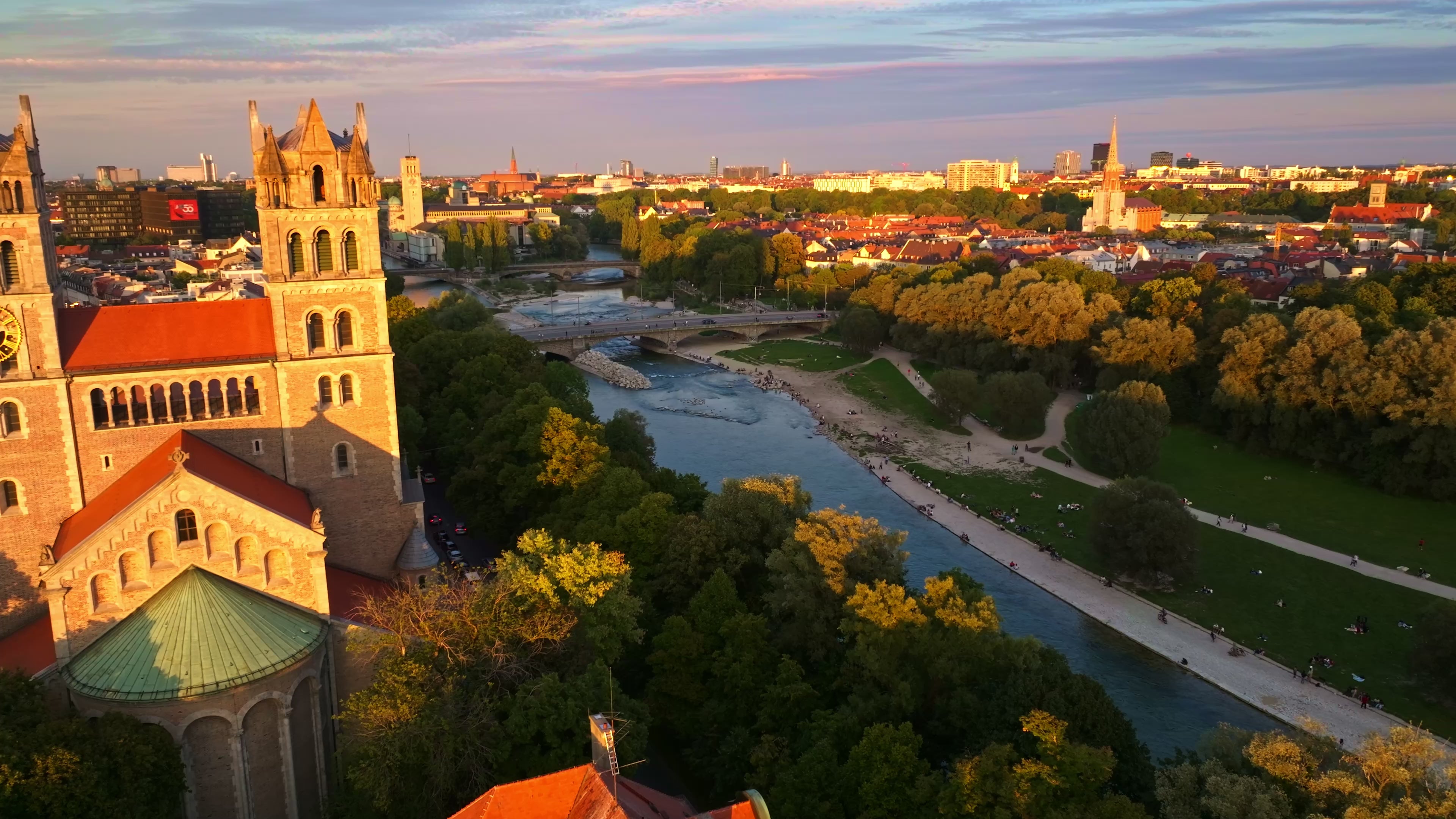 Aerial view of the Isar River flowing through Munich, Germany.