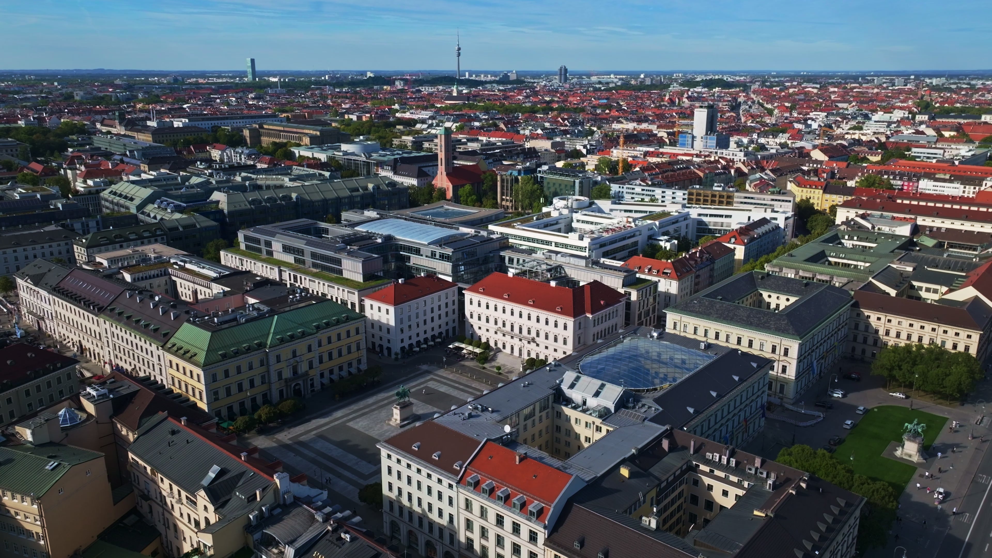 Aerial drone view of Maxvorstadt in Munich, Germany.