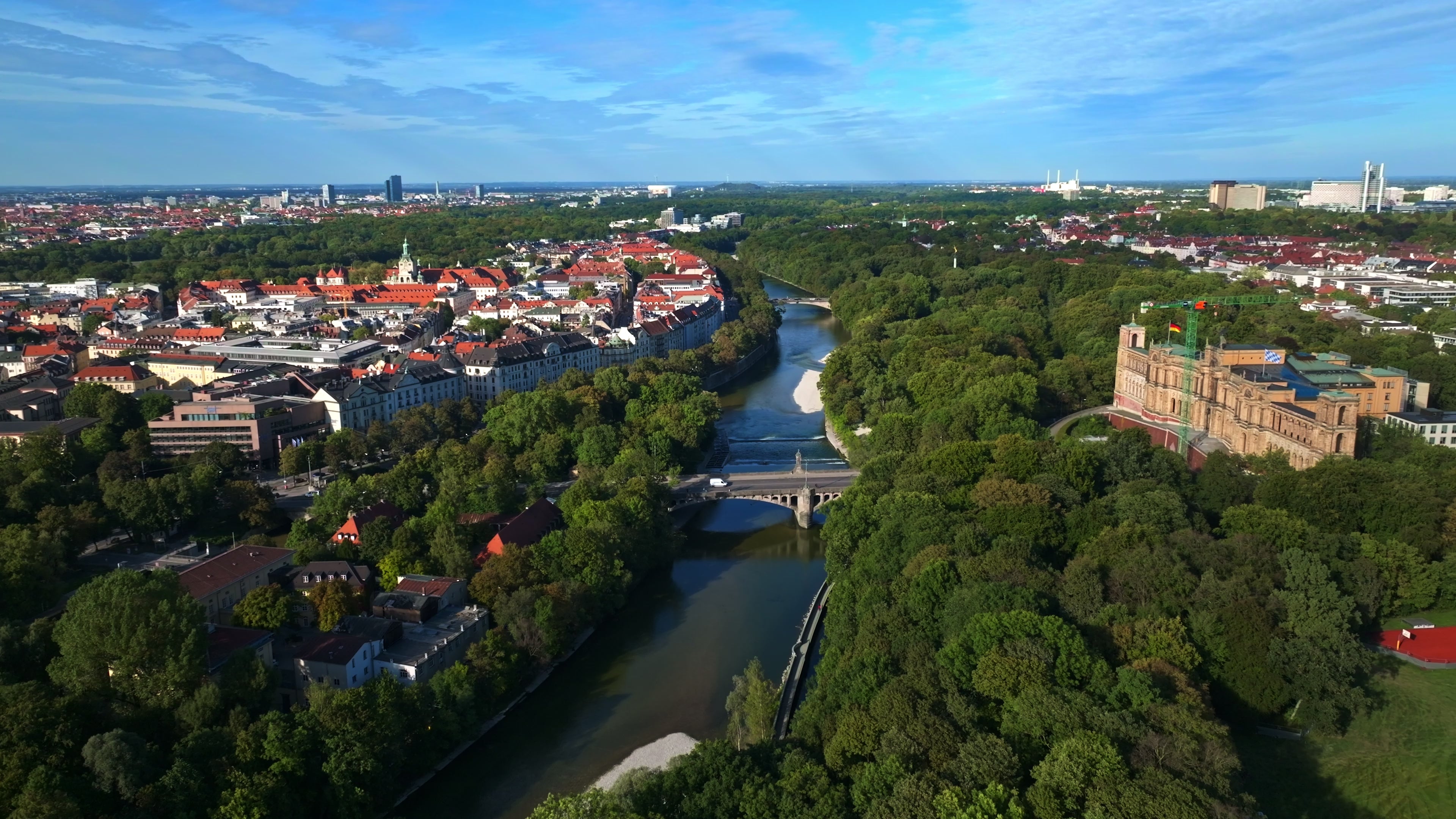 Aerial view of the Isar River flowing through Munich, Germany.