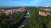 Aerial view of the Isar River flowing through Munich, Germany.