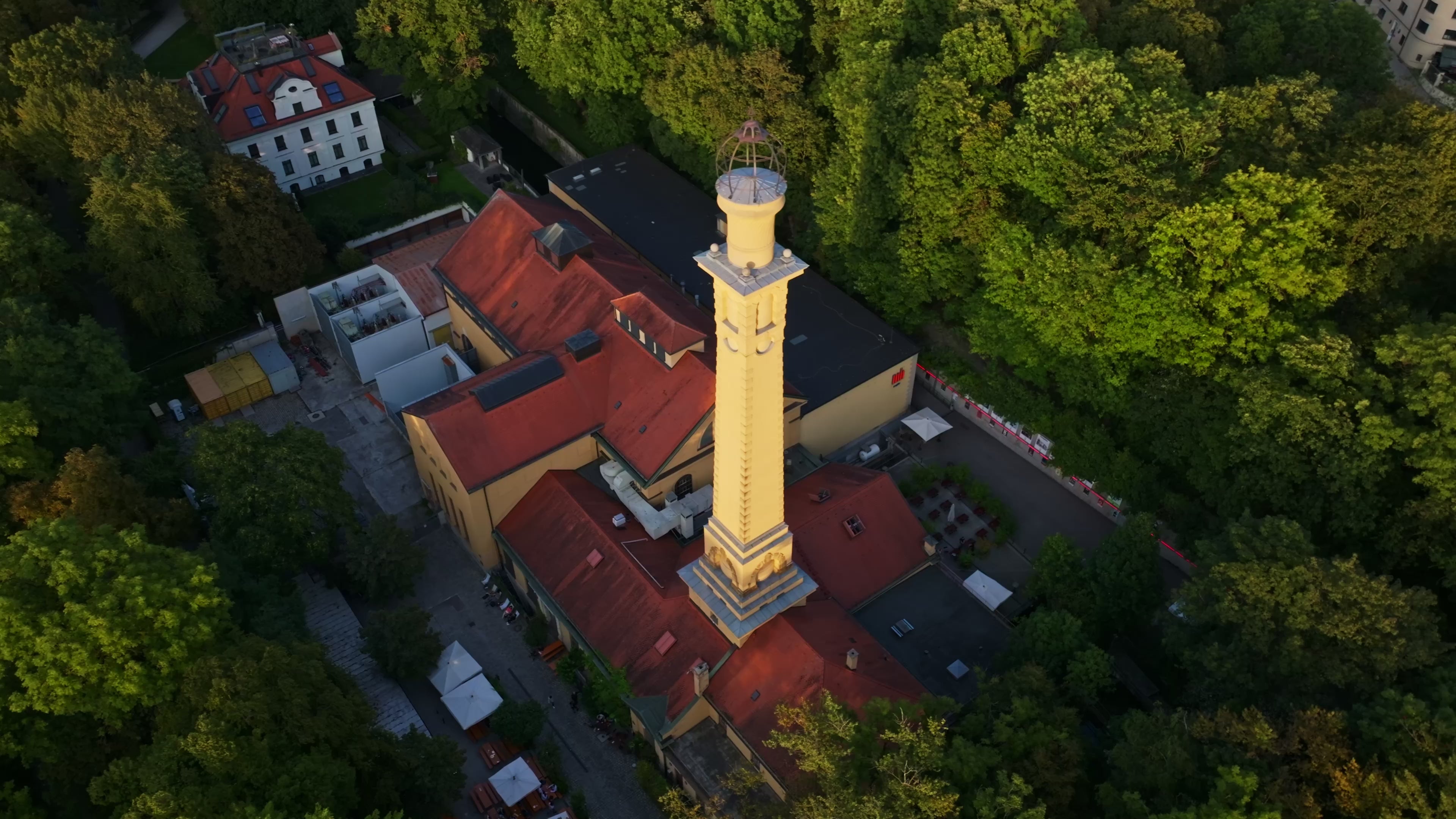 Aerial drone view of Muffatwerk in Munich, Germany.