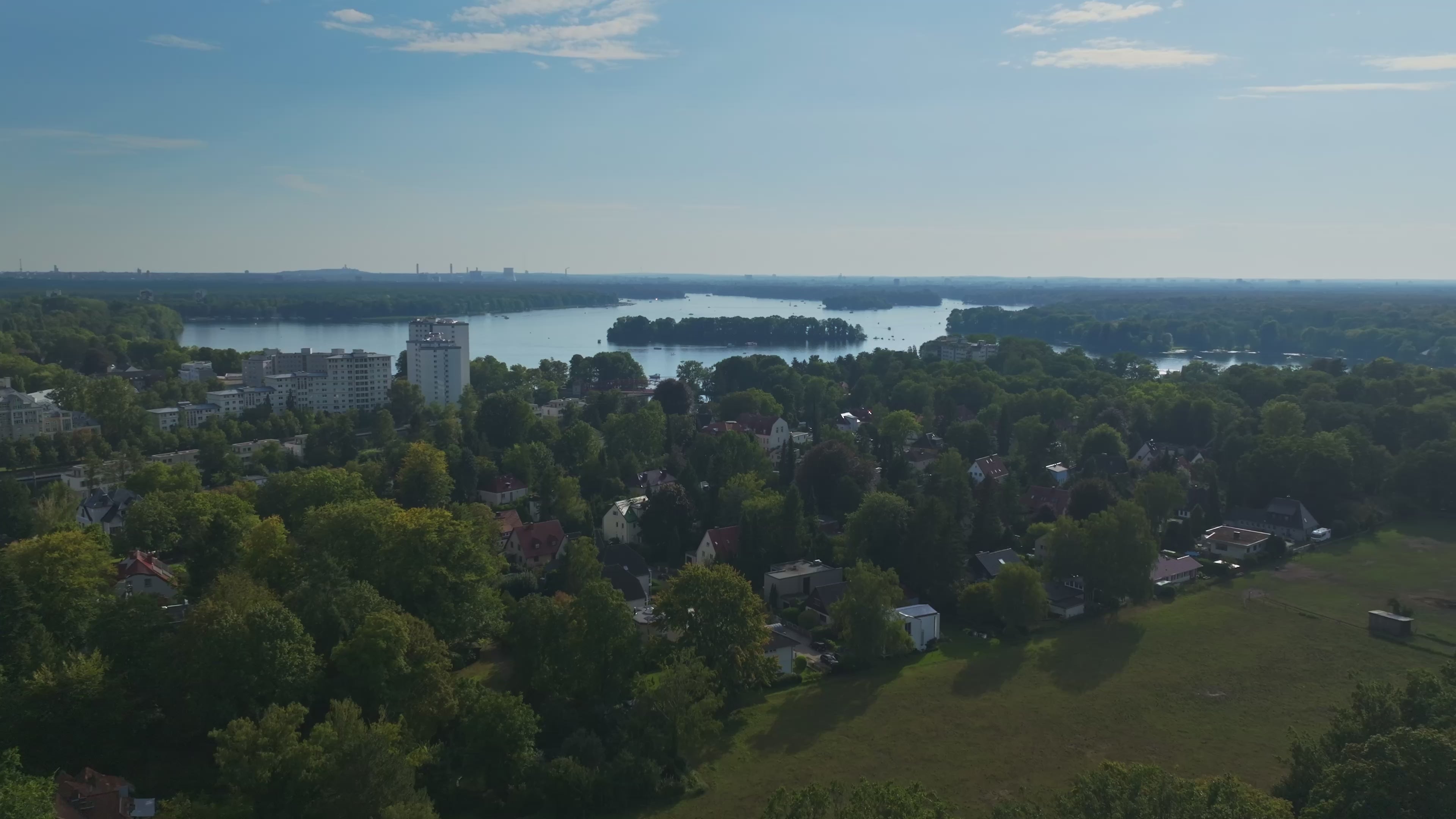 Aerial drone view of Lake Tegel (Tegeler See) in Berlin, Germany.