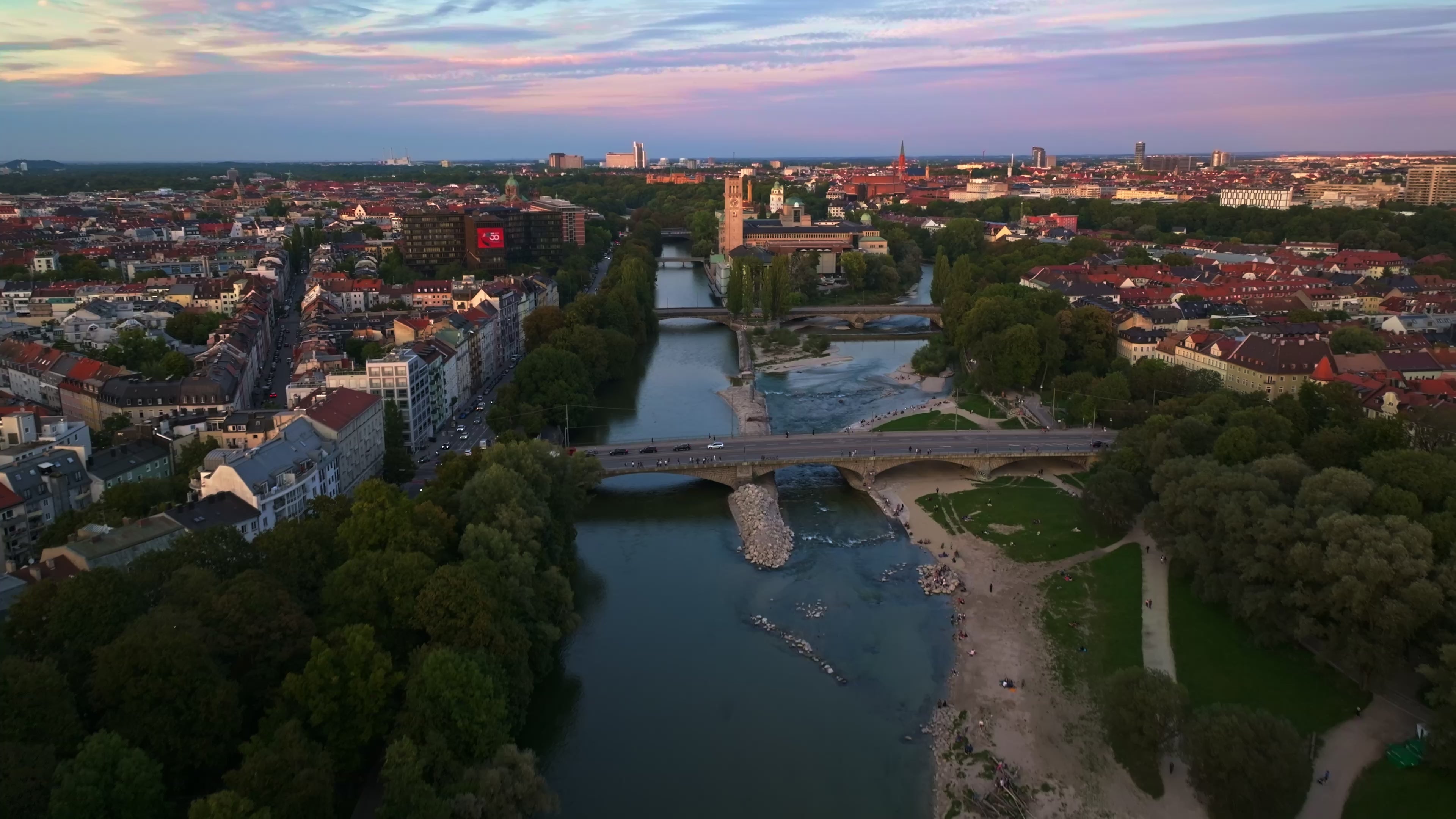 Aerial view of the Isar River flowing through Munich, Germany.