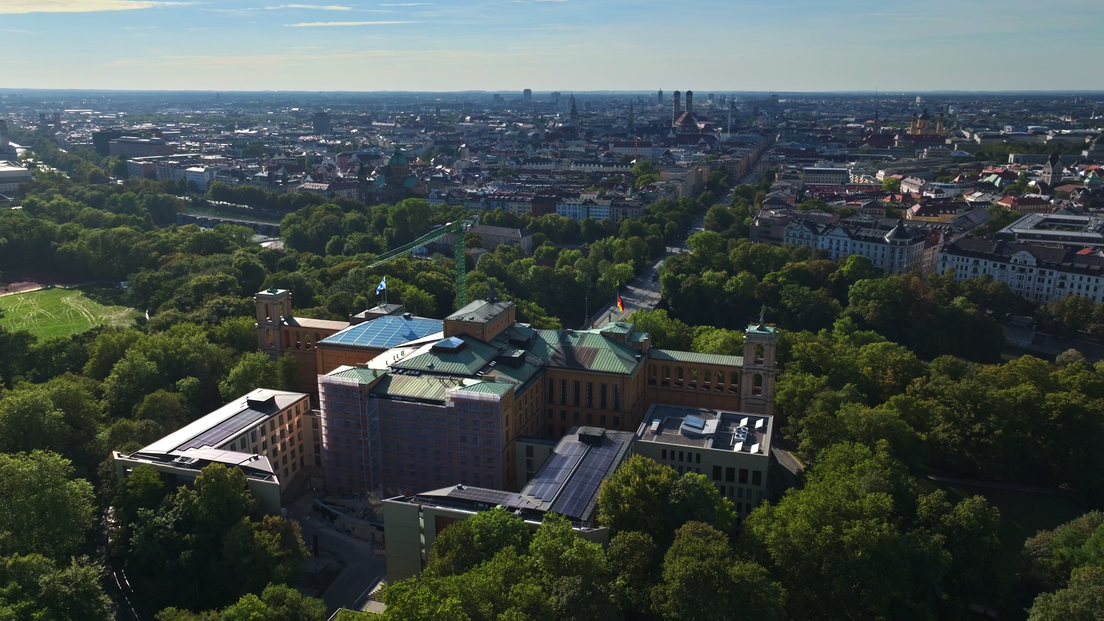An aerial drone view of the Maximilianeum in Munich , Germany.
