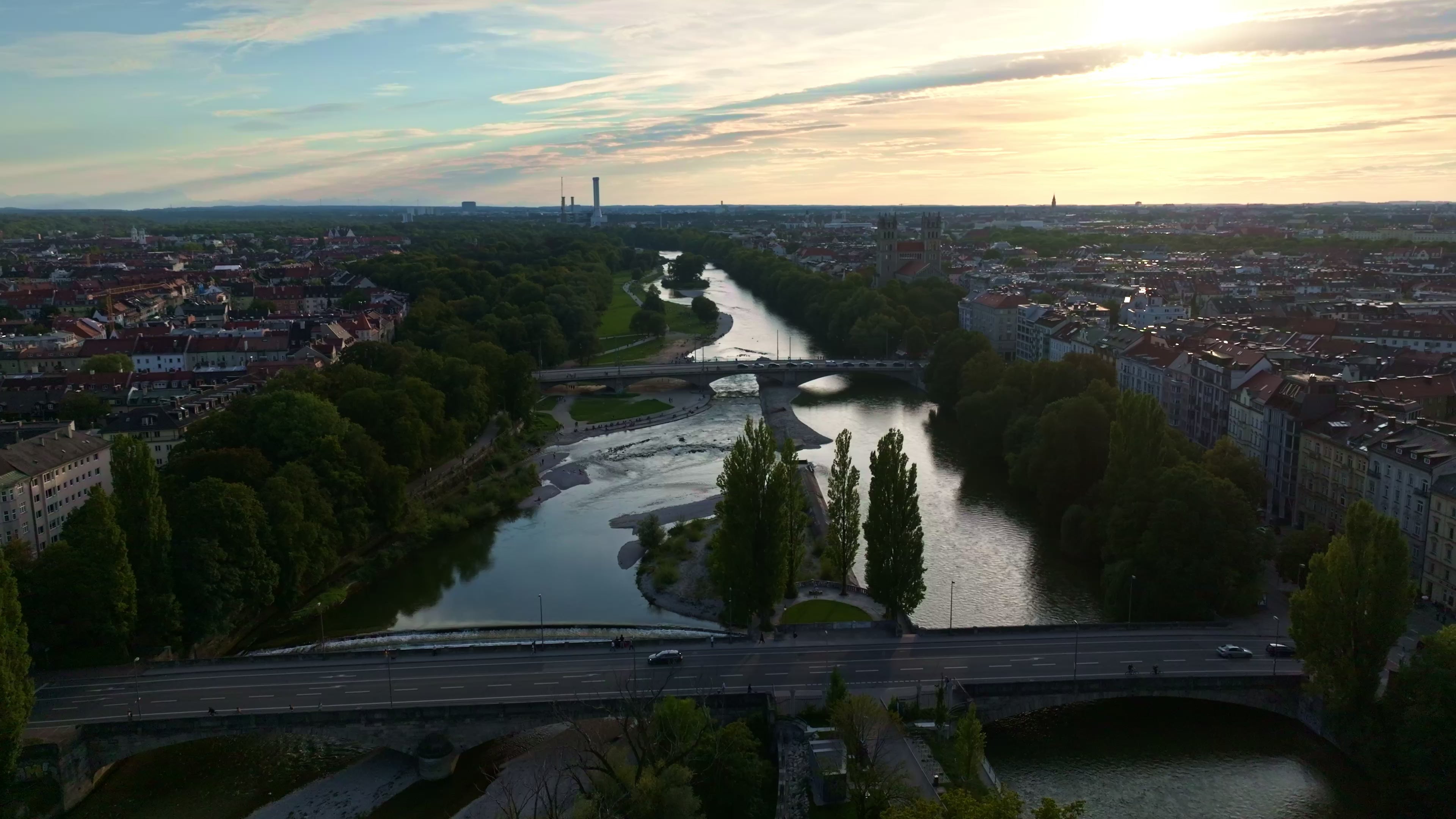 Aerial view of the Isar River flowing through Munich, Germany.