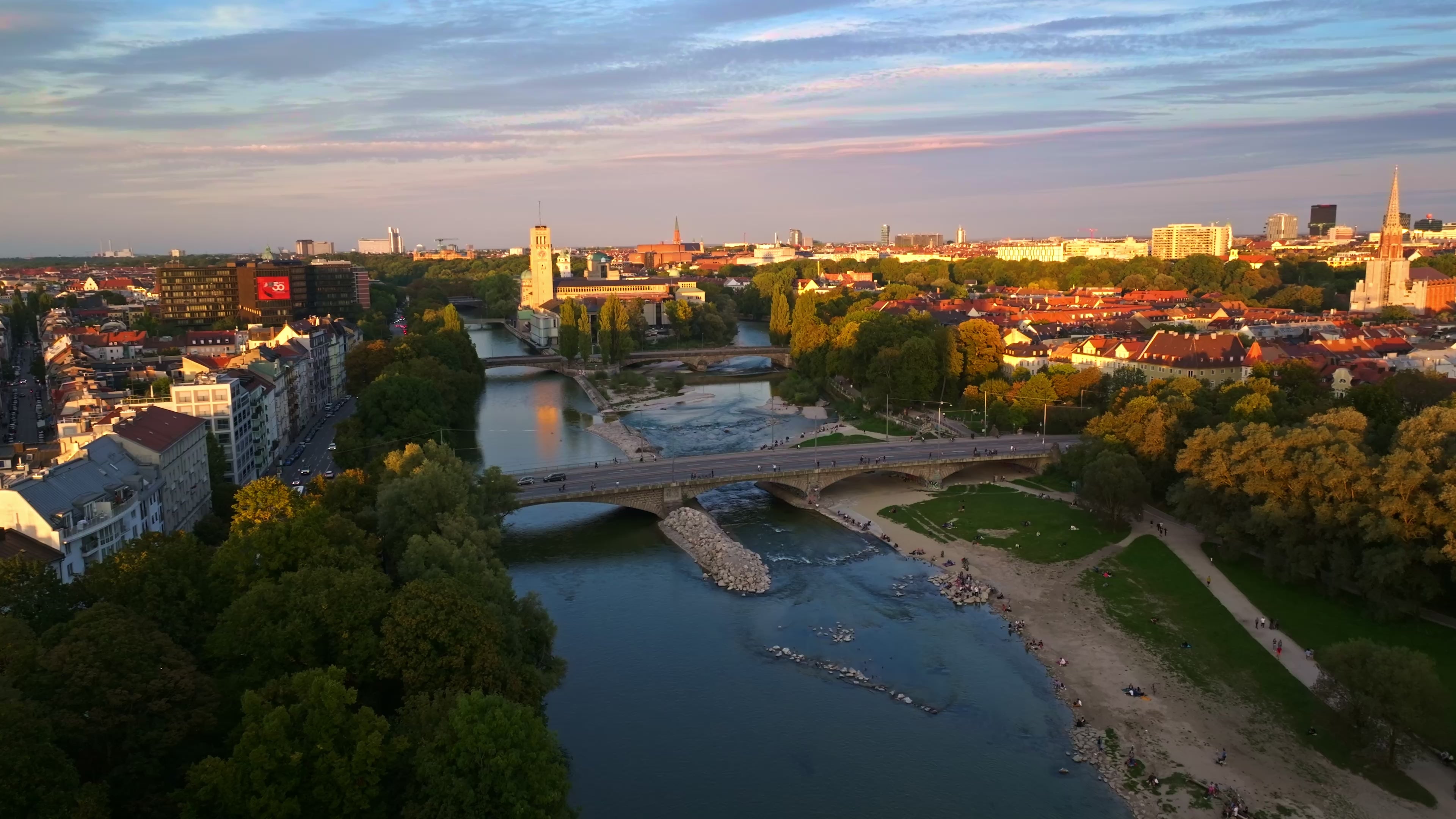 Aerial view of the Isar River flowing through Munich, Germany.