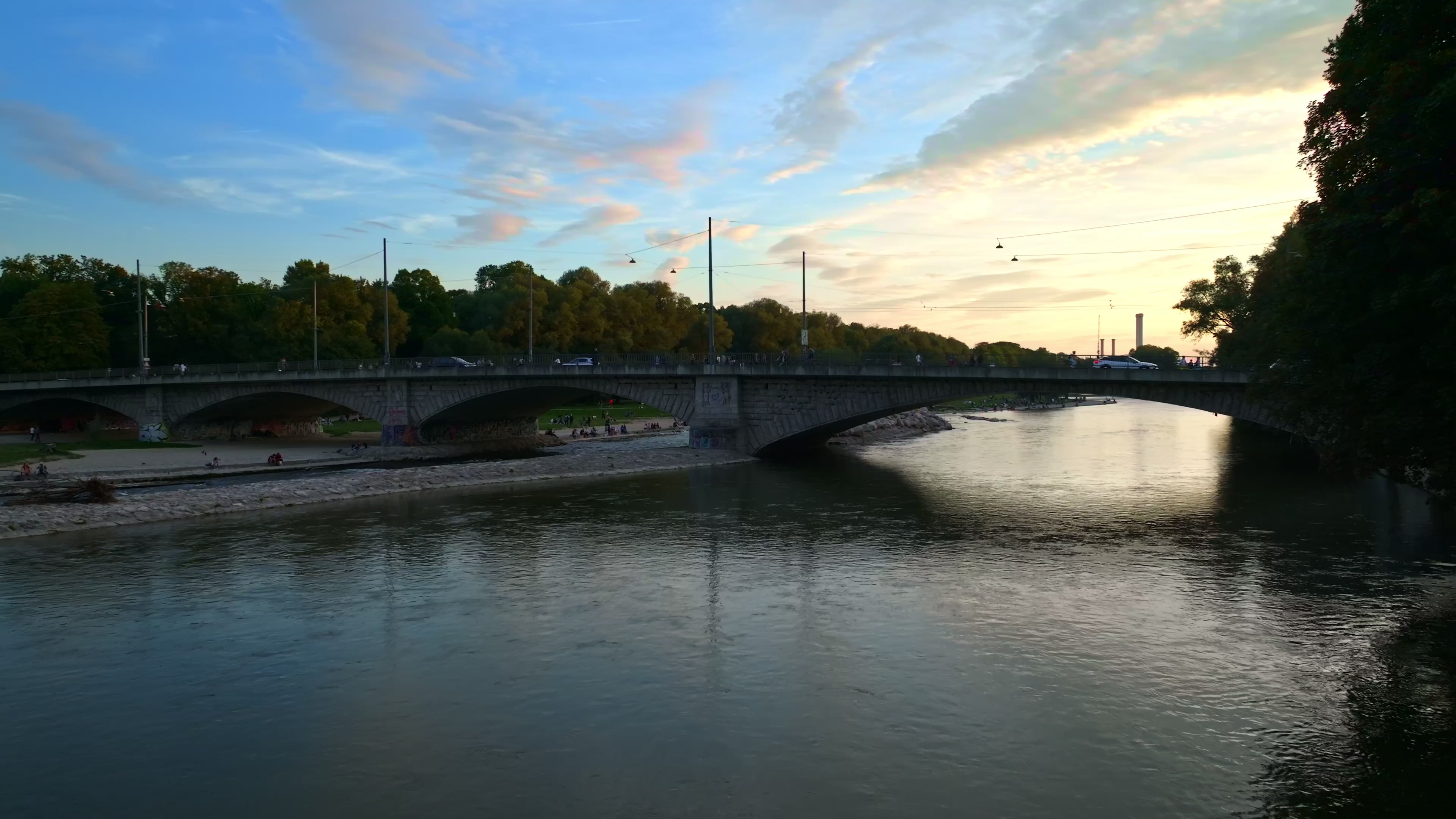 Aerial view of the Isar River flowing through Munich, Germany.