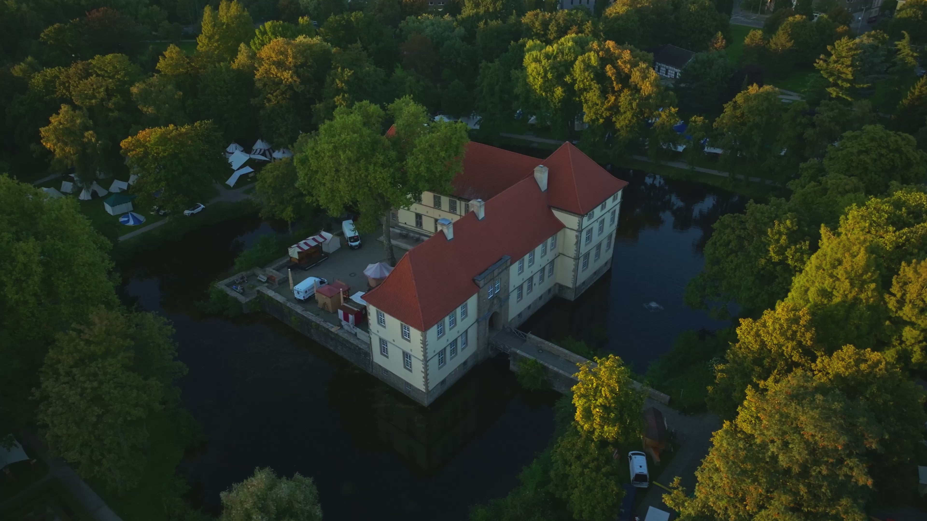 Aerial drone view of Schloss Strünkede castle in Herne , Germany.