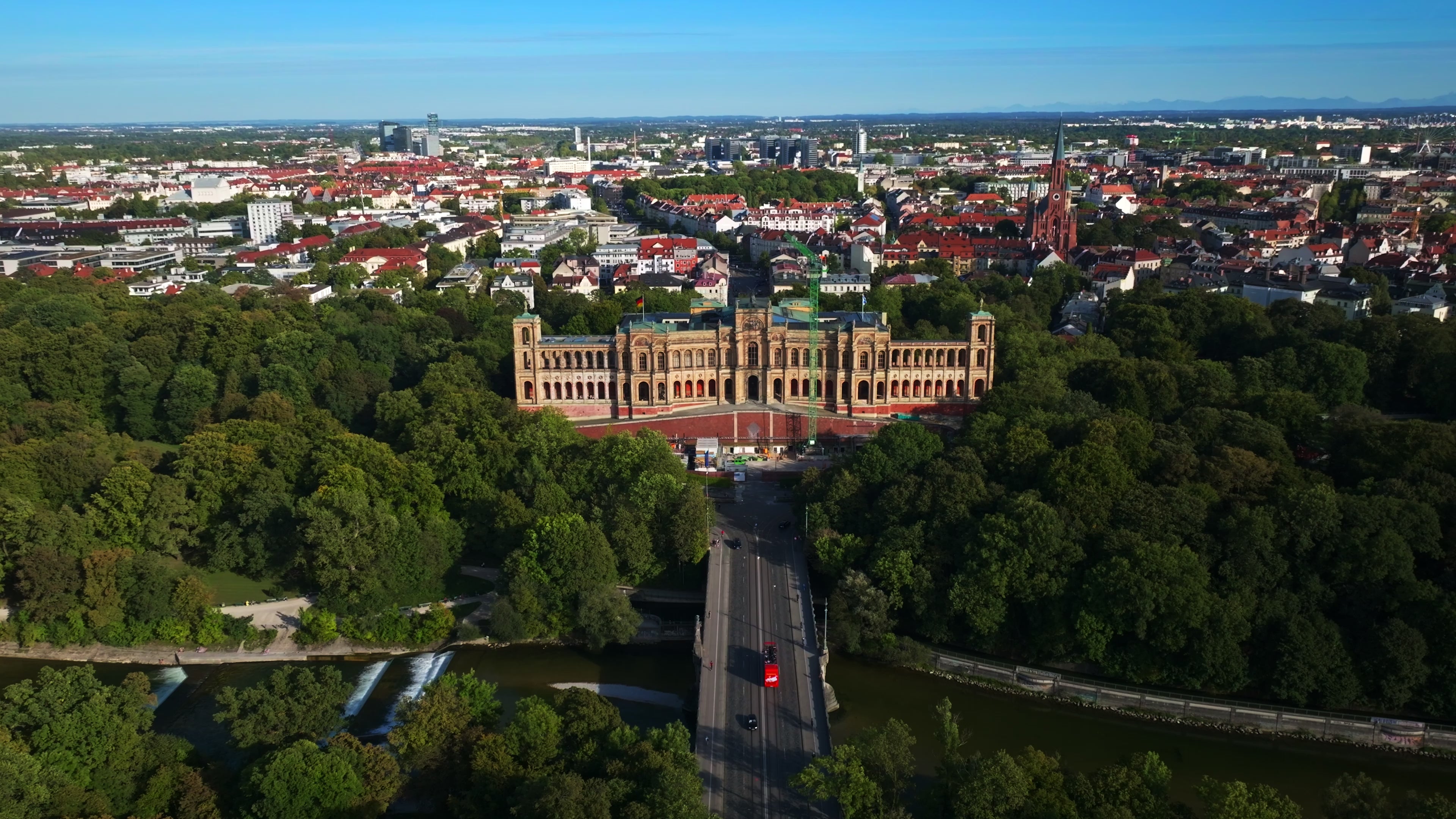 An aerial drone view of the Maximilianeum in Munich , Germany.