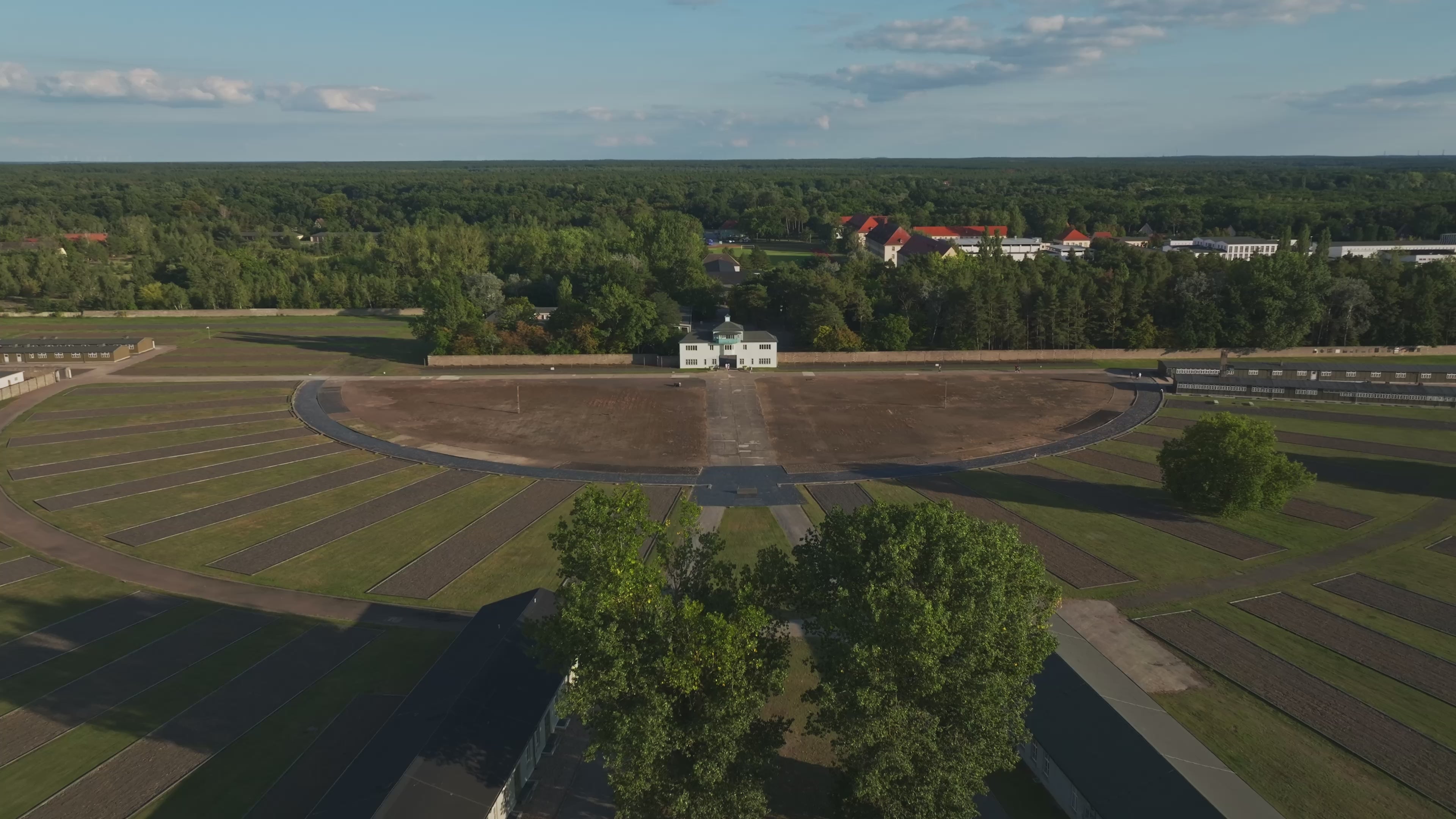 Aerial drone view of Sachsenhausen Memorial and Museum in Oranienburg, Germany.