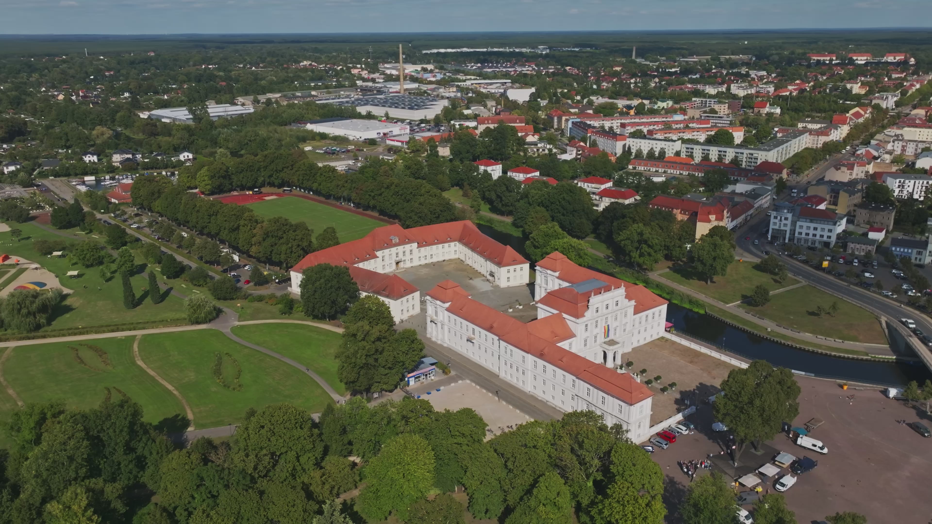 Aerial drone view of Oranienburg Palace in Oranienburg, Brandenburg, Germany.