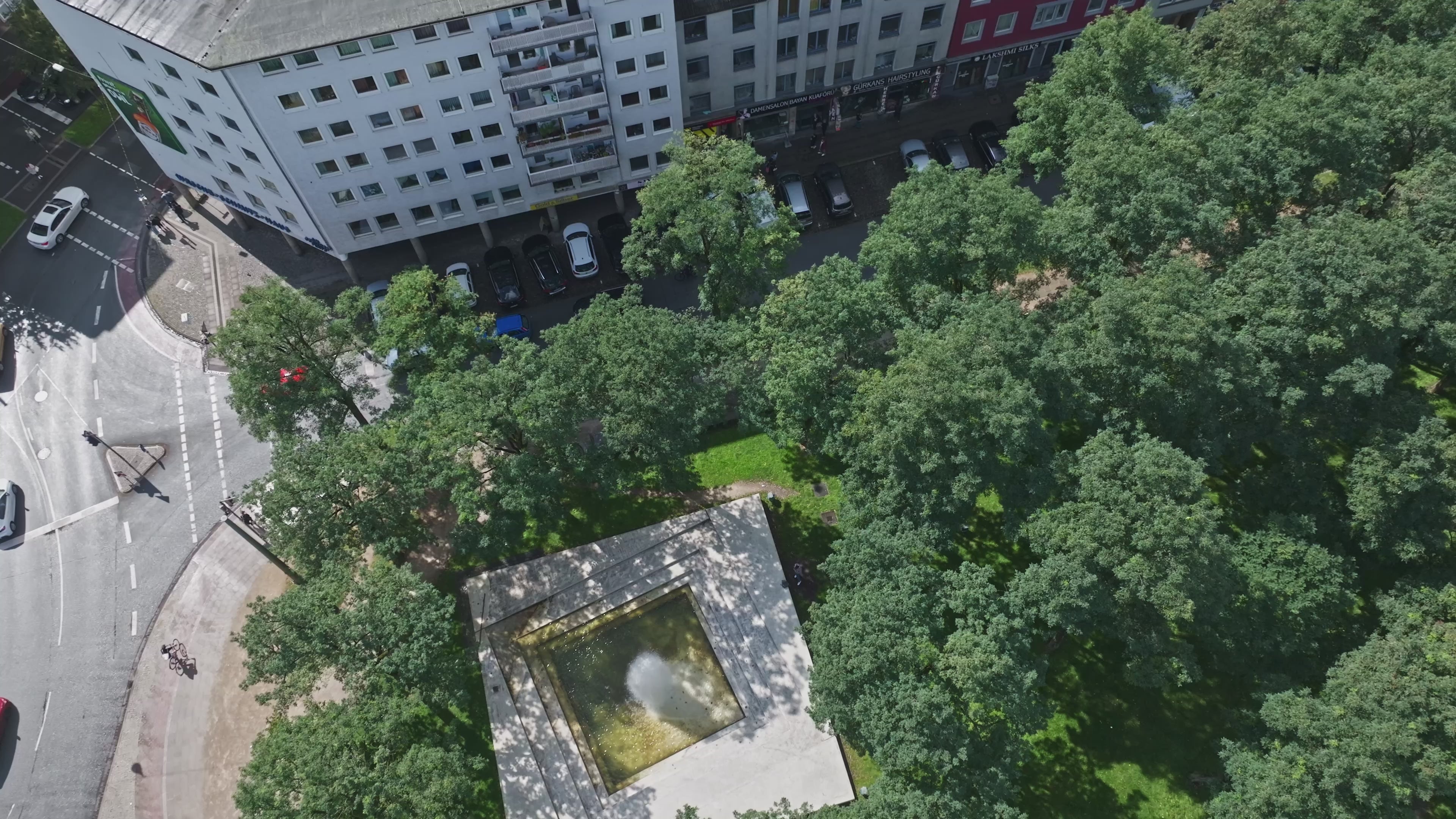 Aerial drone view of a fountain in Bielefeld, Germany.