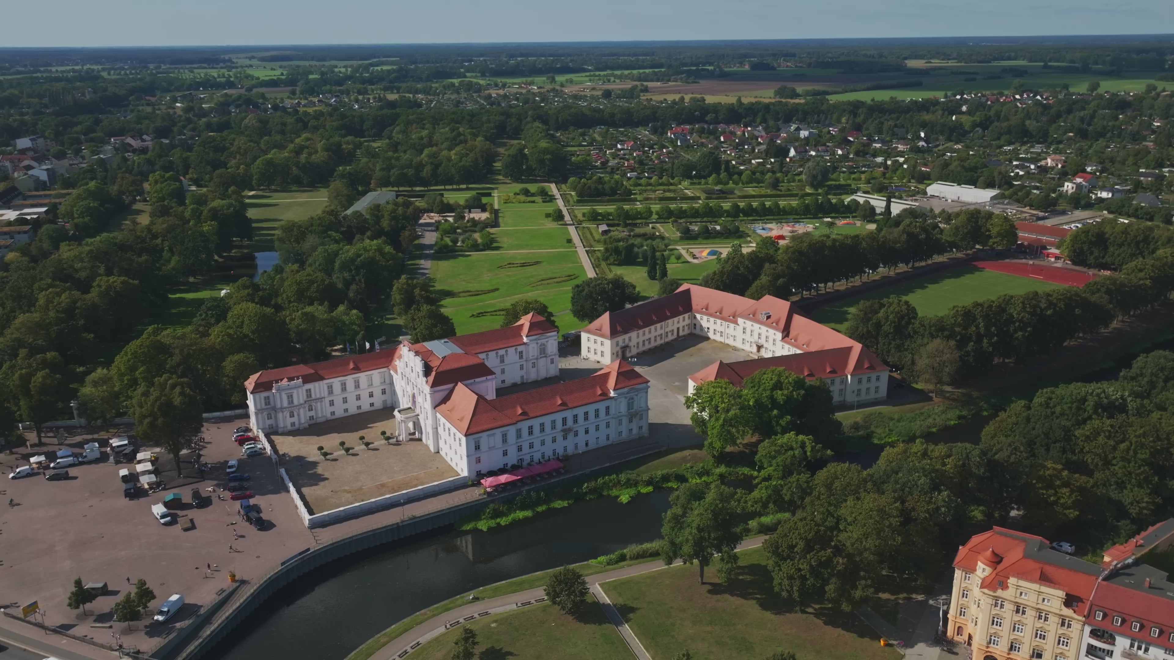 Aerial drone view of Oranienburg Palace in Oranienburg, Brandenburg, Germany.