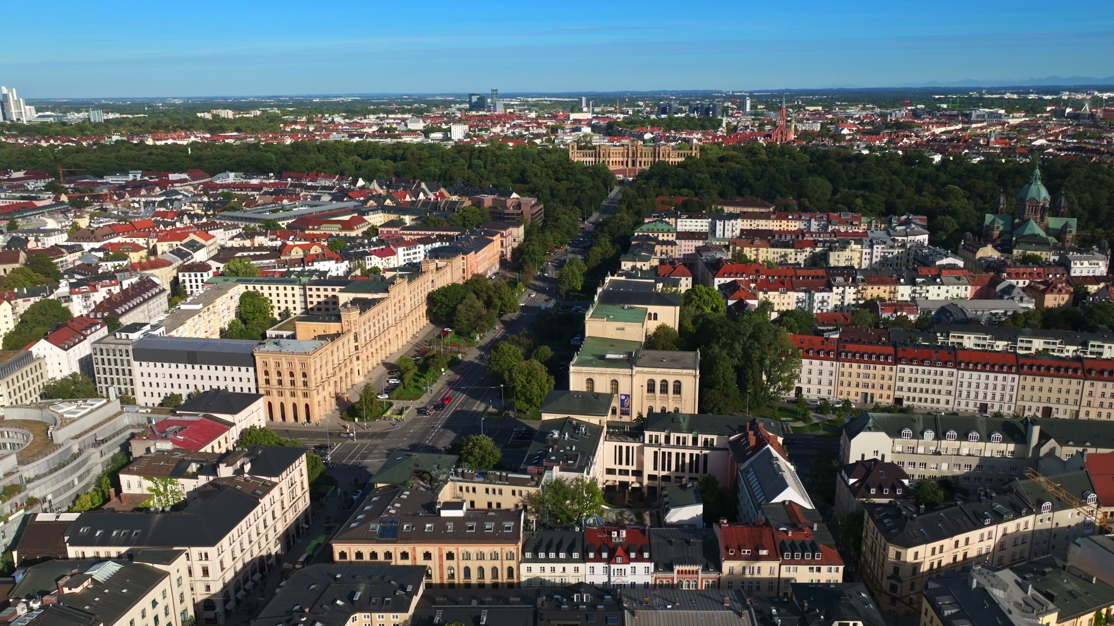 Aerial drone view of Munich’s Old Town (Altstadt), Germany.