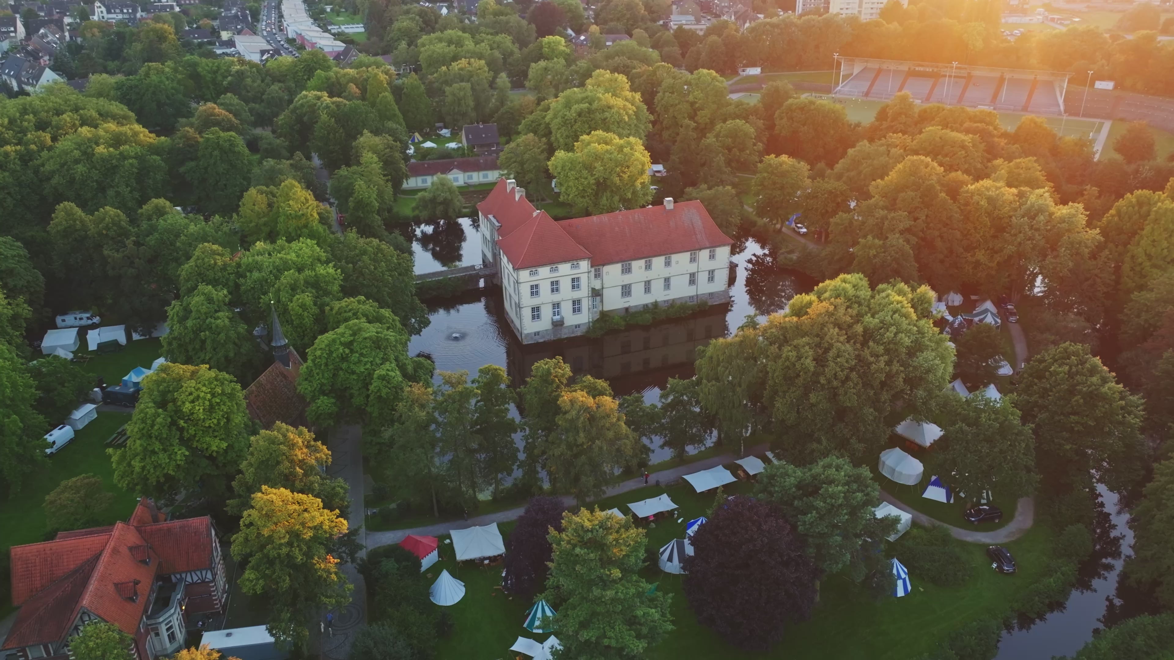 Aerial drone view of Schloss Strünkede castle in Herne , Germany.