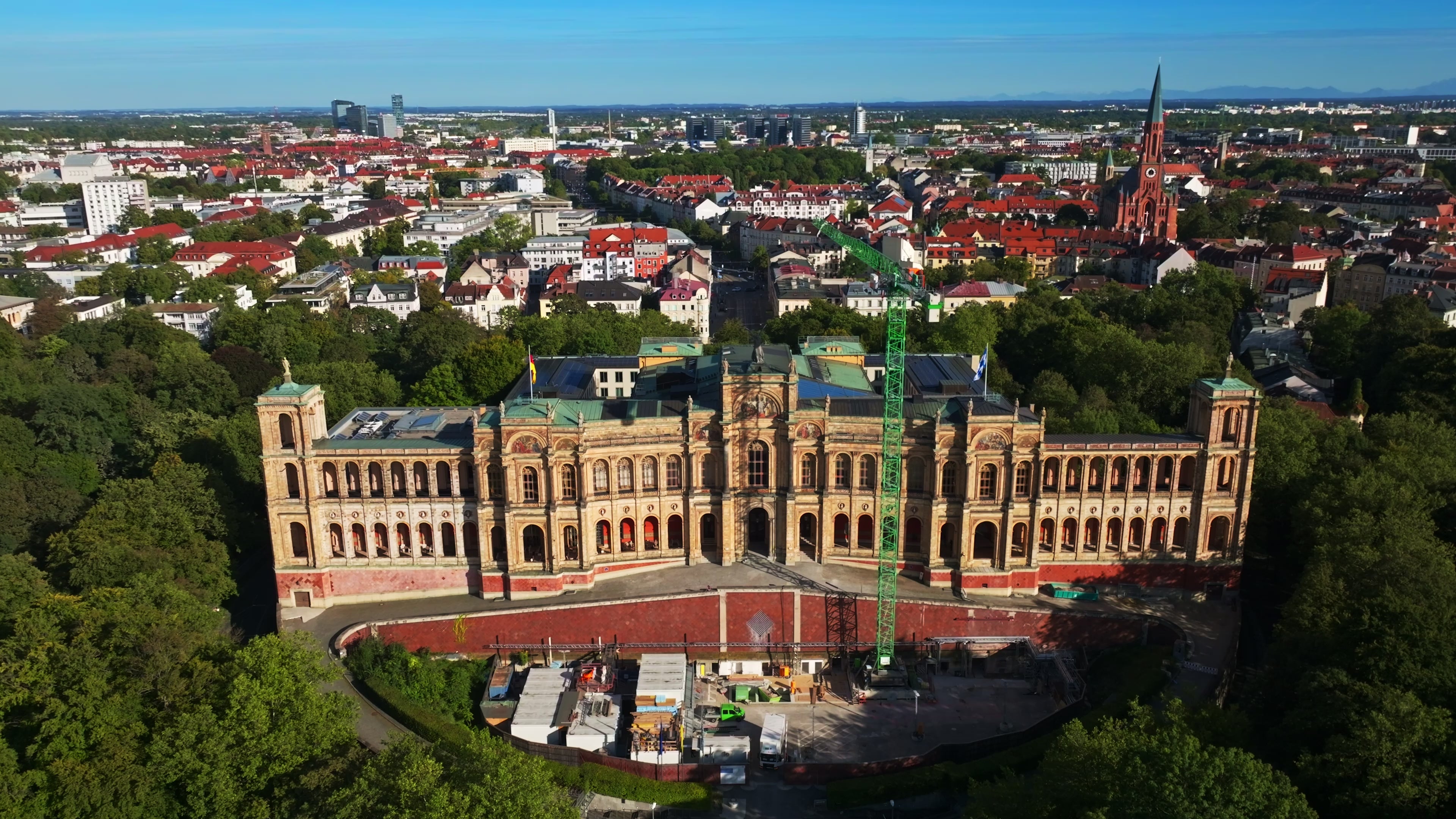 An aerial drone view of the Maximilianeum in Munich , Germany.