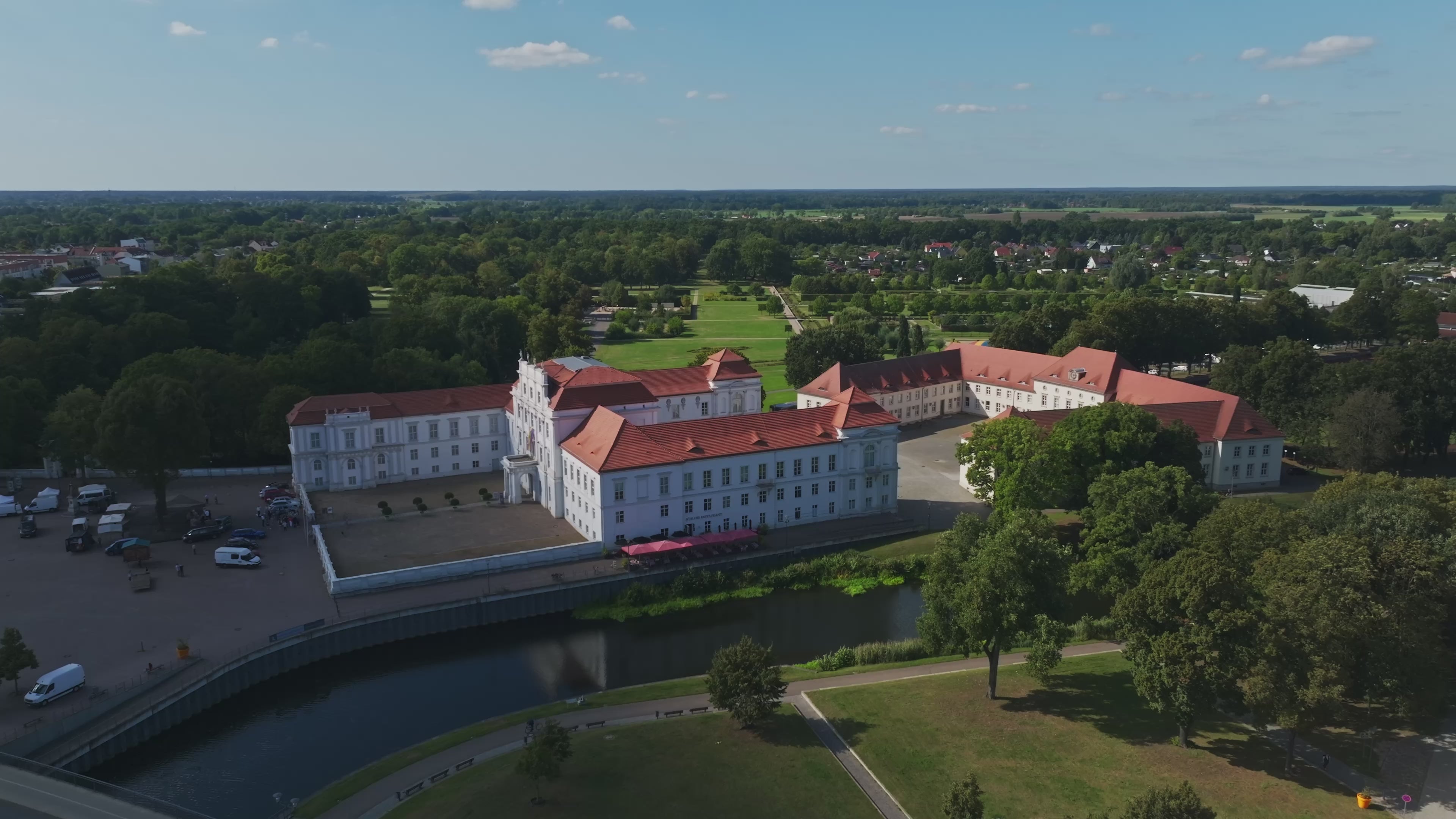 Aerial drone view of Oranienburg Palace in Oranienburg, Brandenburg, Germany.