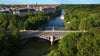 Aerial view of the Maximiliansbrücke, a bridge spanning the River Isar in Munich.