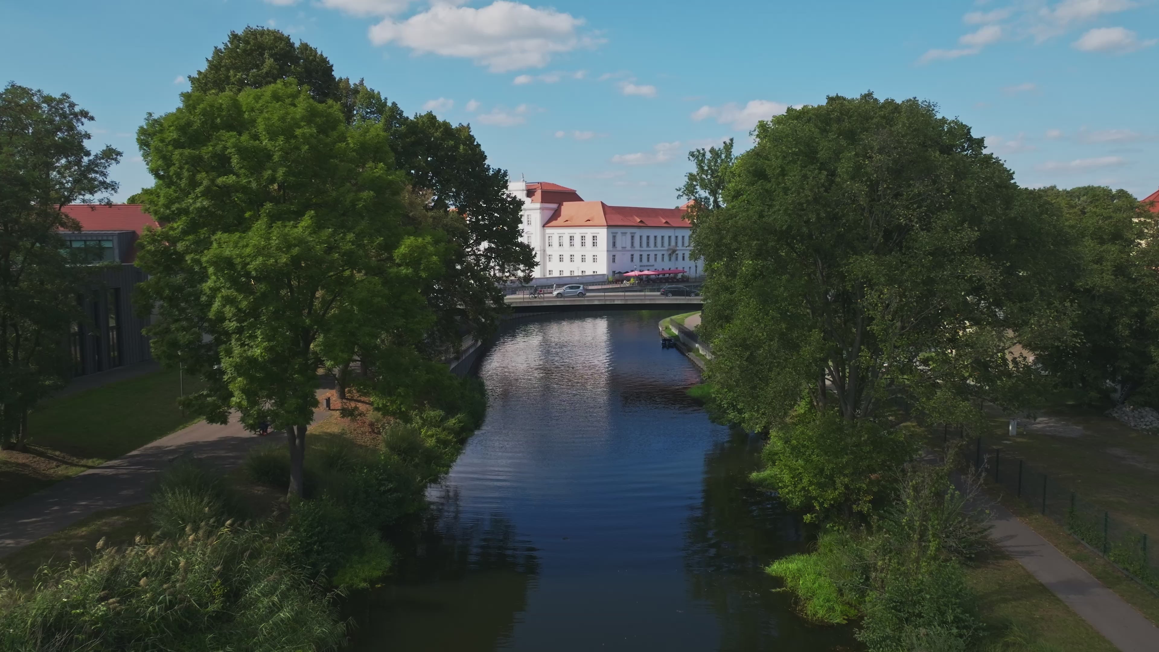 Aerial drone view of Oranienburg Palace in Oranienburg, Brandenburg, Germany.